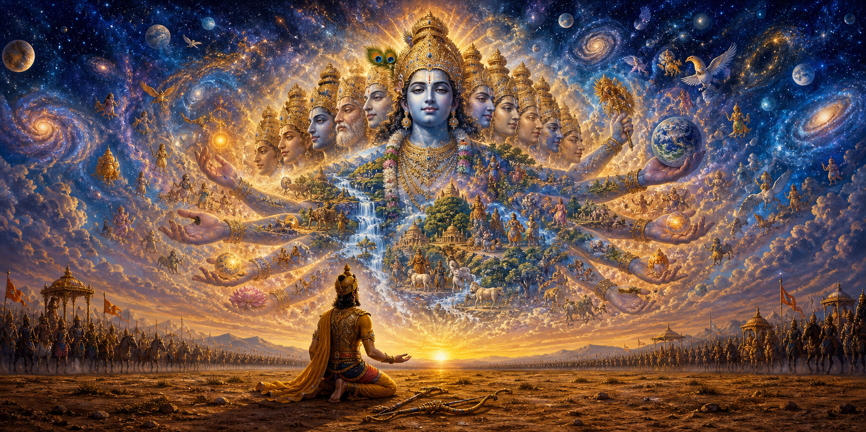 Arjuna kneels before Krishna's immense luminous universal form, which contains stars, landscapes, people, and animals within it.