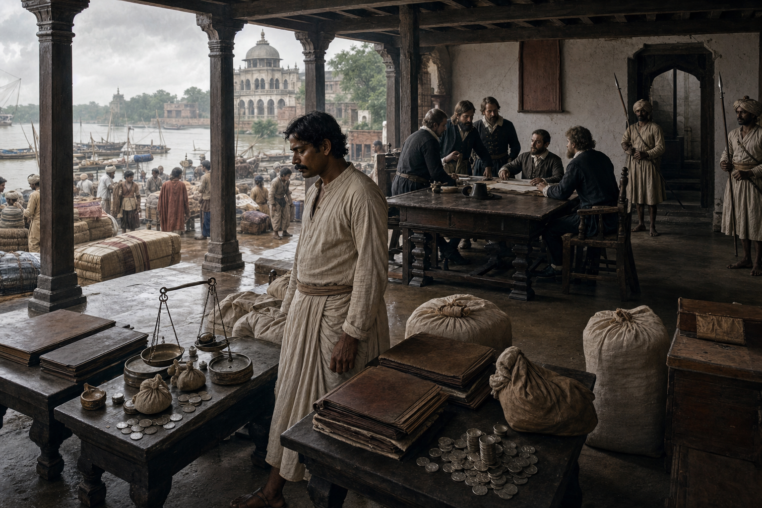 A Bengali money handler stands beside ledgers, coin scales and silver rupees in a seventeenth-century Kasim Bazar counting house as Company factors confer across the room.