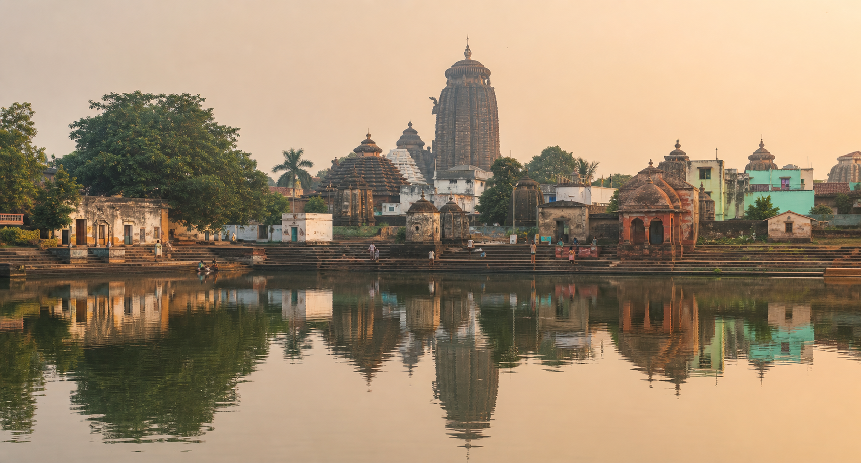 Bindusagar lake at dawn with stone ghats, a few worshippers, small shrines, and the Kalinga-style temple skyline reflected in the water.