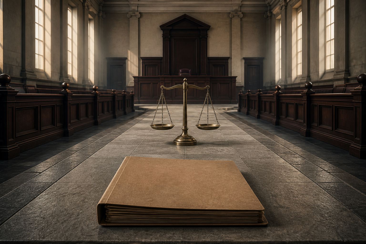 An unmarked legal case file lies on a stone path leading toward an empty courtroom bench, with balanced brass scales standing midway.