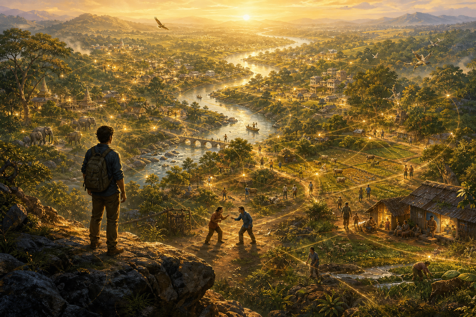 A person on a ridge overlooks a broad landscape where villages, people, animals, forests, farms, and a river are linked by subtle golden light.