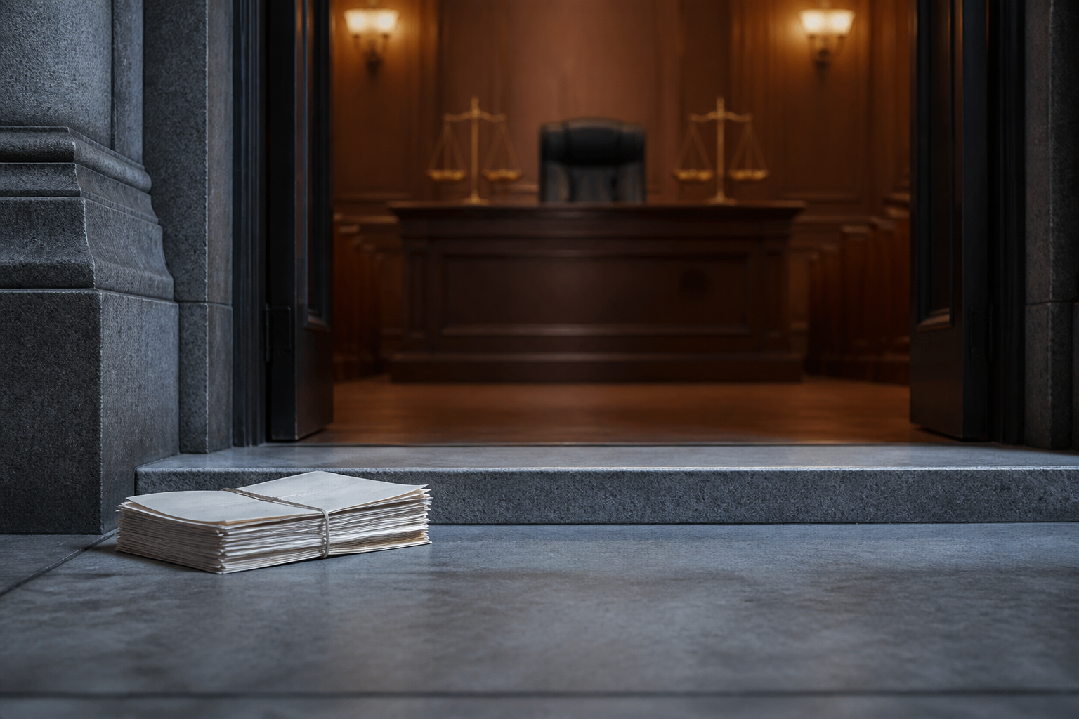 An unmarked bundle of legal papers rests before a courthouse threshold, while an empty courtroom and balanced scales remain beyond it.
