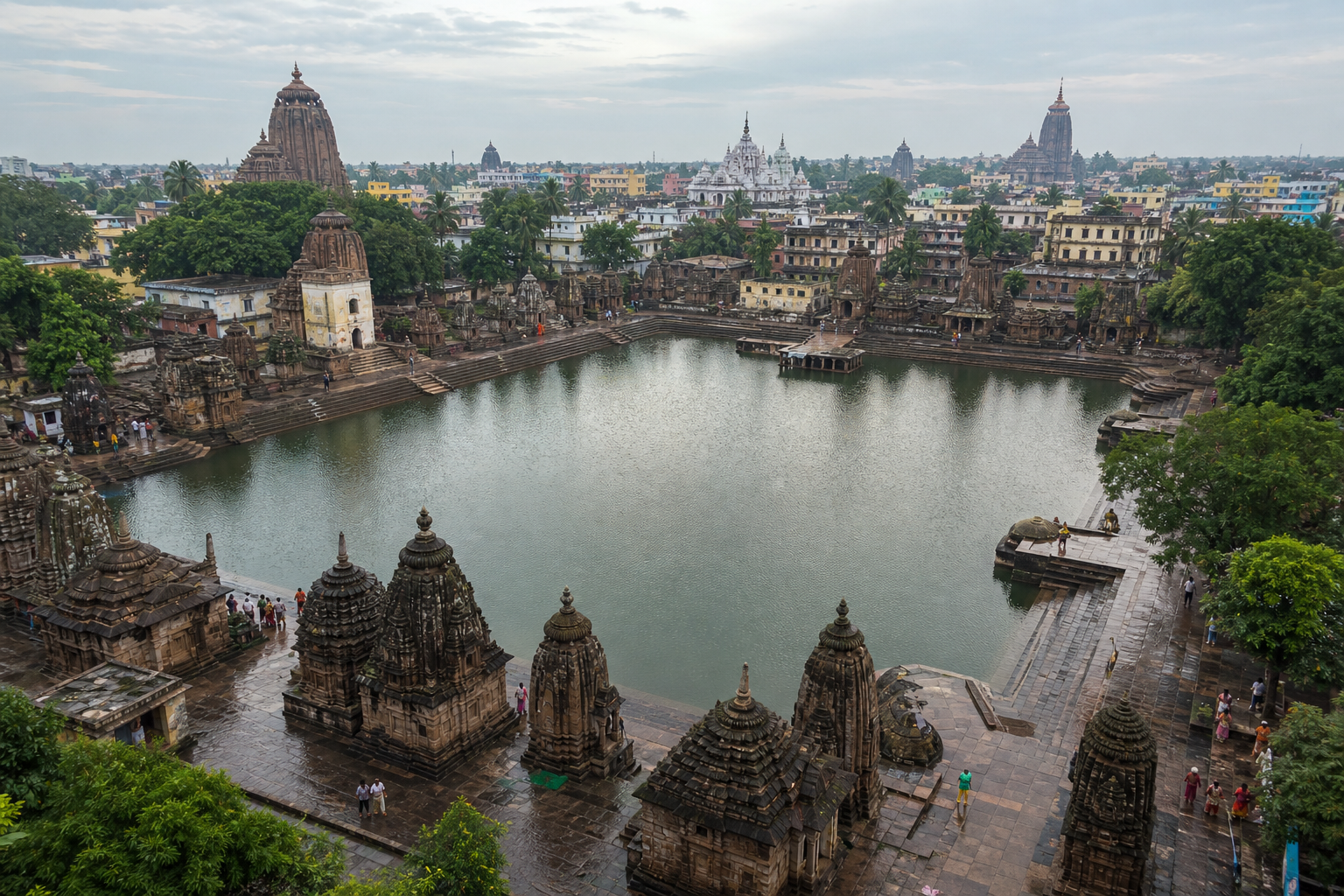Elevated view of Bindusagar surrounded by stepped ghats and shrines, with temple towers rising beyond the lake in the Ekamra neighborhood.