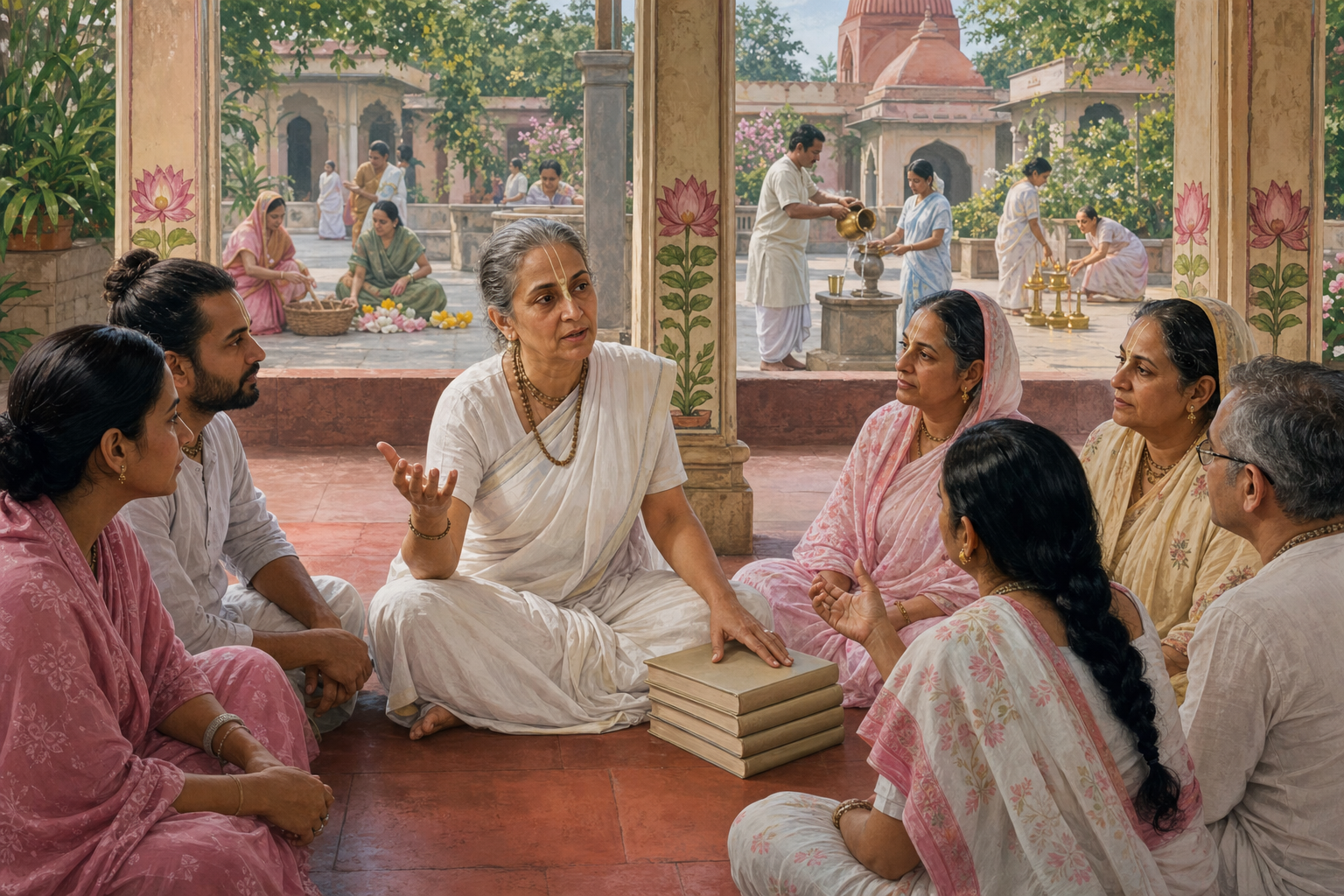 A senior Vaisnavi teacher discusses spiritual questions with a prospective disciple and community witnesses on a temple veranda.