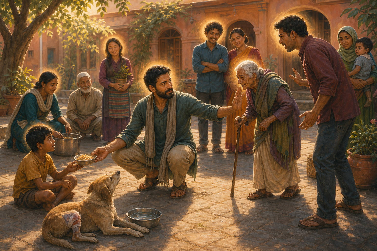 In a community courtyard, one person offers food to a child, supports an elder, gives water to an injured dog, and holds a firm boundary with an angry adult.