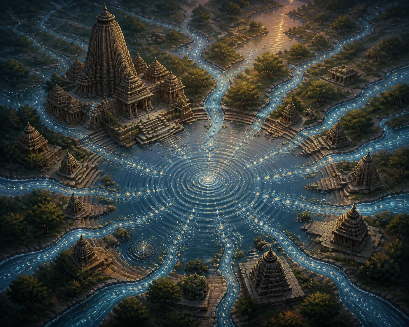 Symbolic illustration of many luminous droplets and streams converging into a sacred lake beside stone ghats and a Kalinga-style Shiva temple.