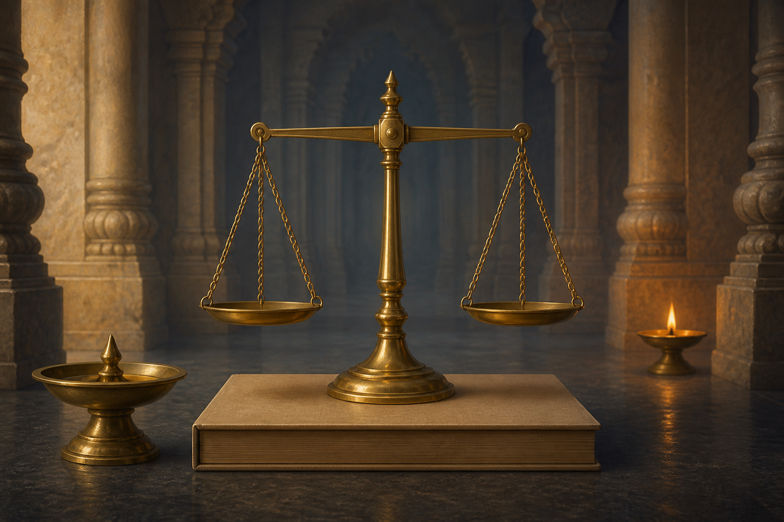 Balanced brass scales, an unmarked legal file, and two simple oil lamps are arranged in a quiet Indian stone interior at dawn.