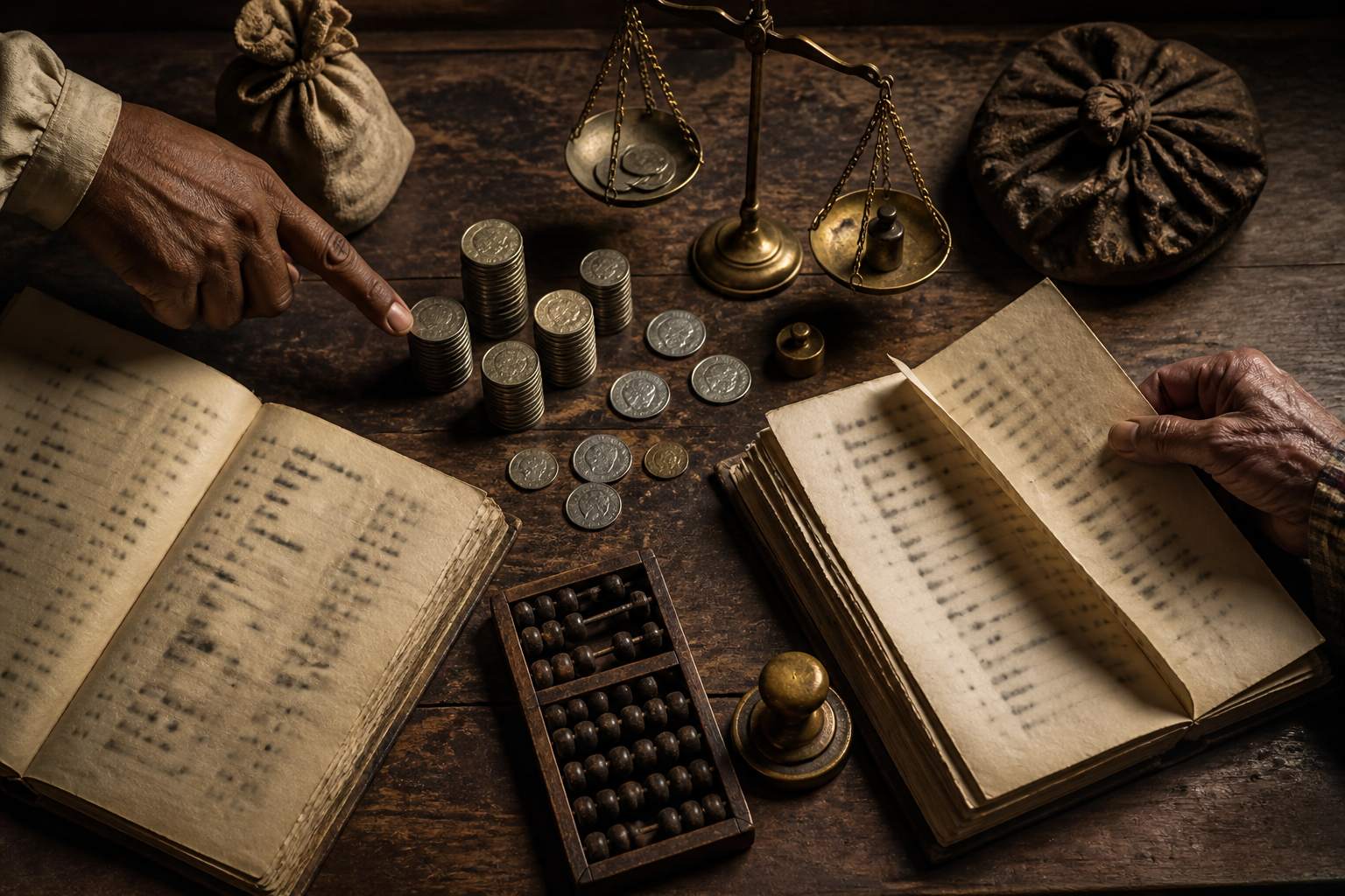 Two open ledgers, unequal stacks of silver coins, cloth purses and a brass balance lie on a wooden counting desk as two hands indicate different parts of the disputed account.