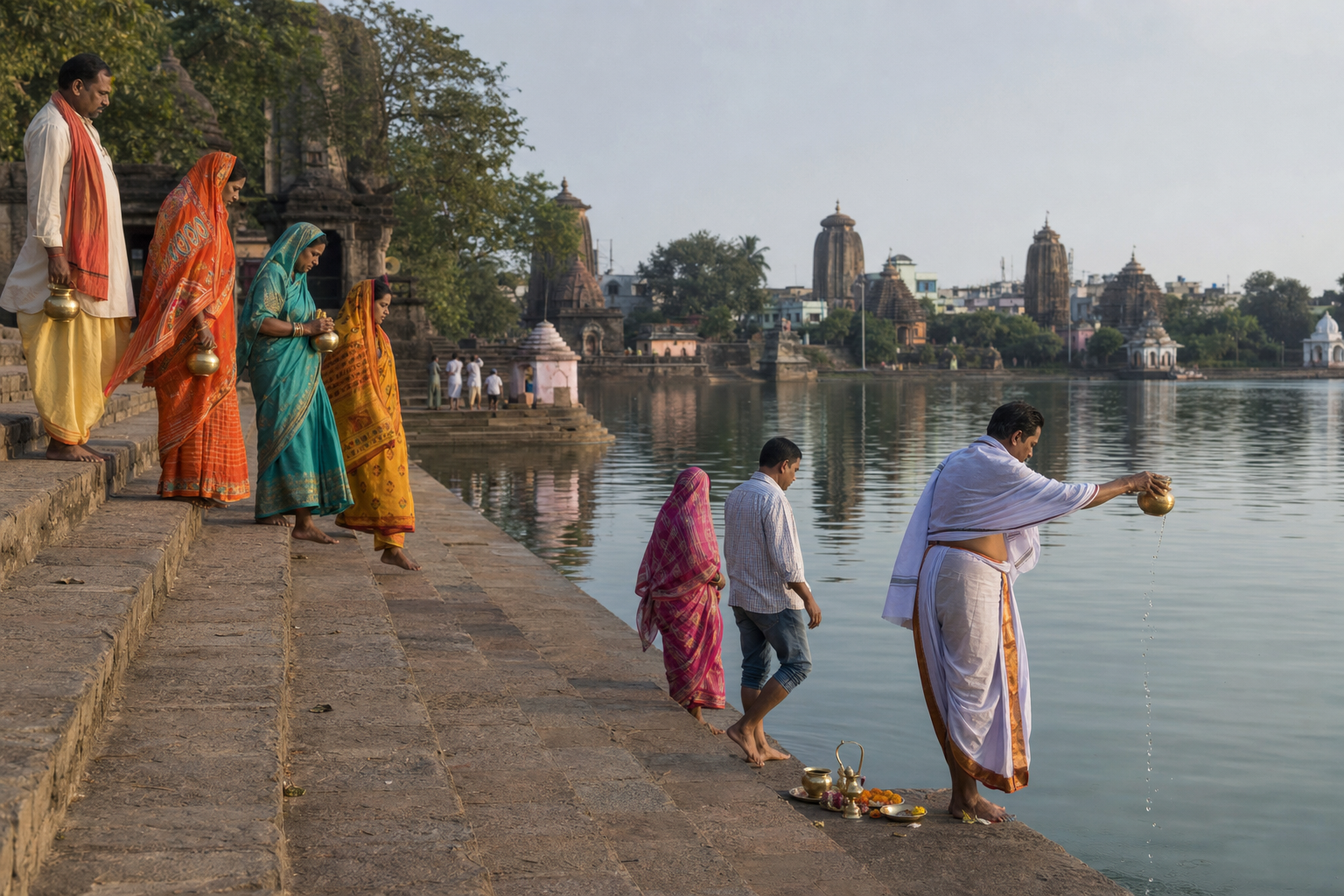Pilgrims and a priest moving along the stone ghats of Bindusagar and making offerings at the water's edge in the morning.