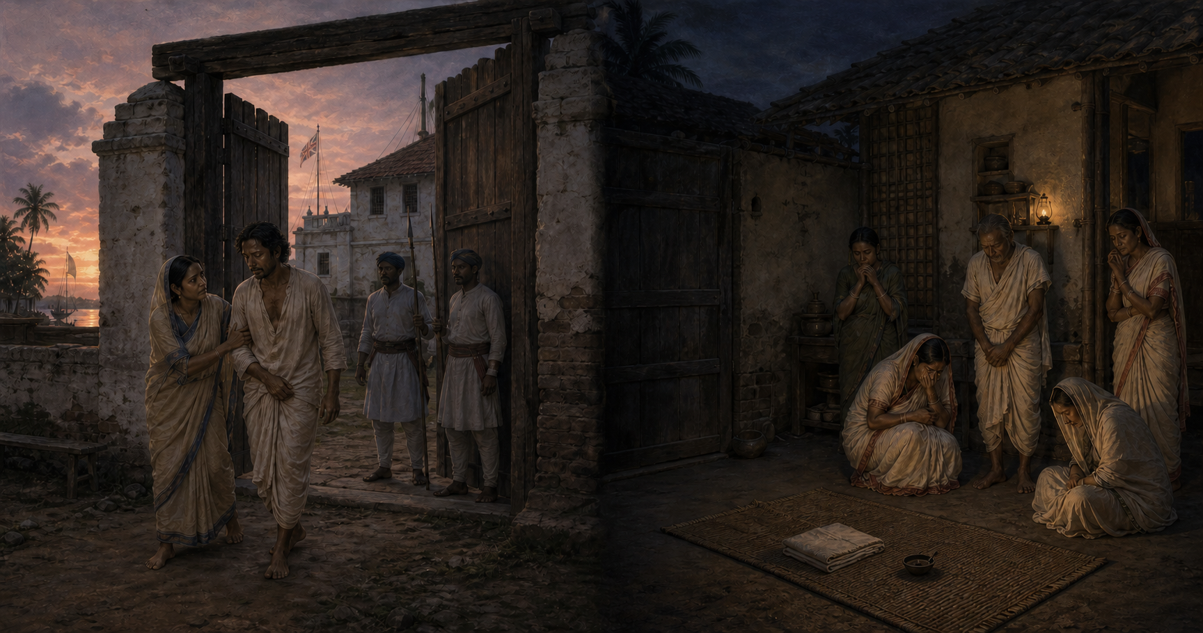 A weary Bengali detainee leaves a Company gate with a relative at dusk, while a neighboring household gathers beside an empty mat and extinguished lamp later that evening.