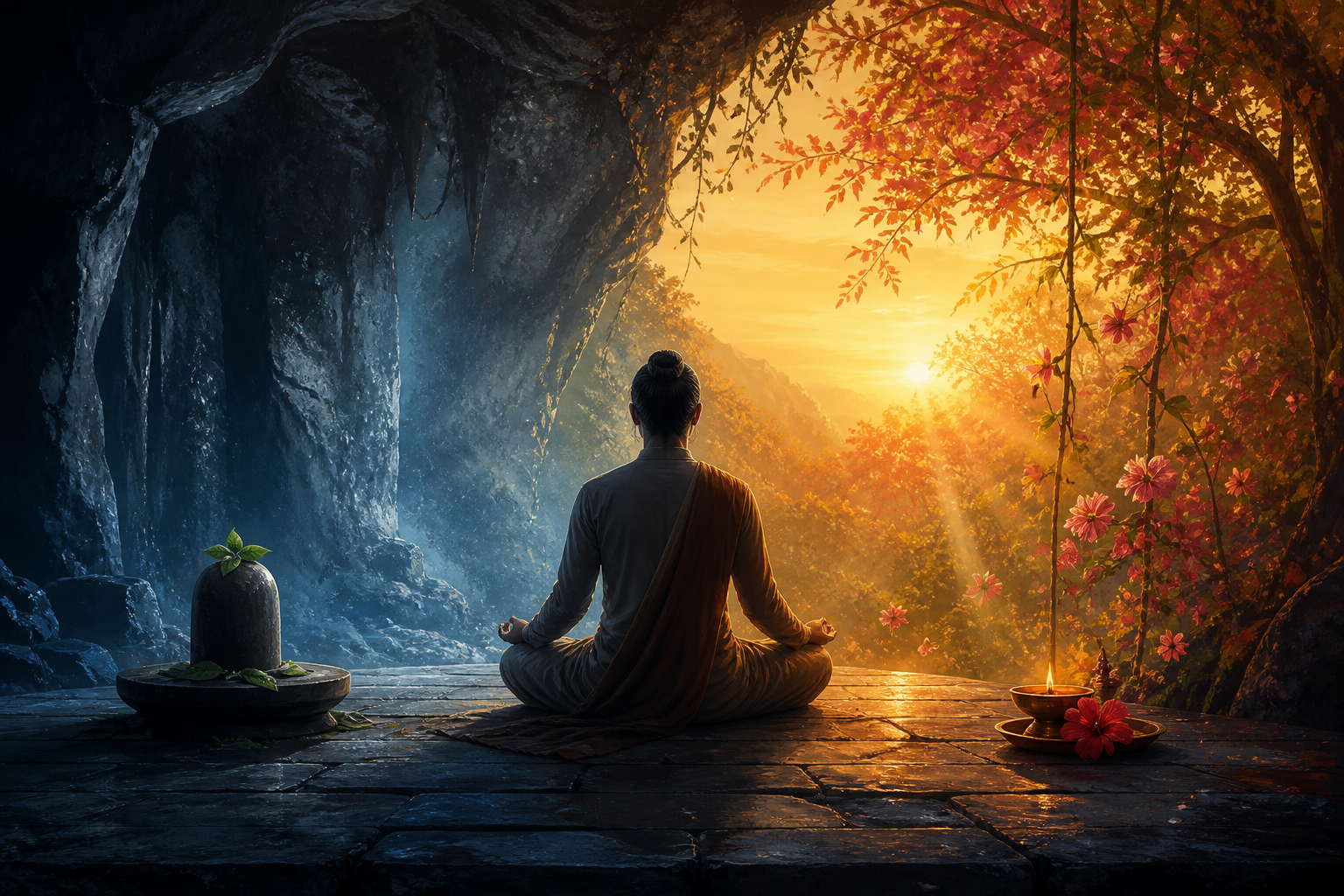 A meditator sits between a cool, shadowed mountain cave and a warm, wind-filled forest, with a small stone linga and bilva leaves on one side and a lit brass lamp and red hibiscus on the other.