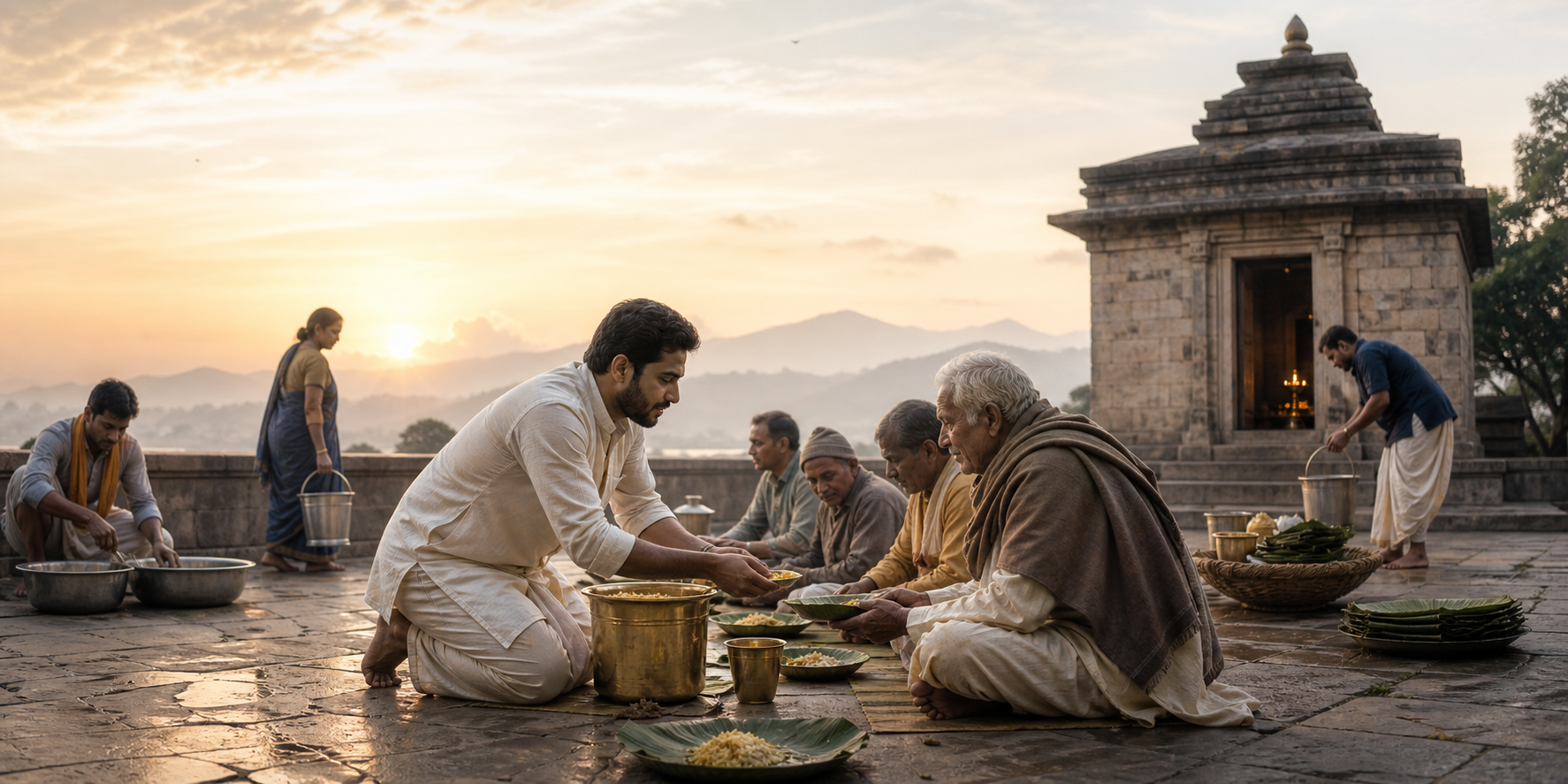 A devotee serves food to an elderly guest while other volunteers work in a temple courtyard illuminated by dawn light.