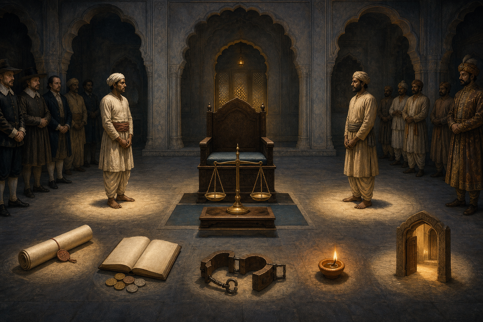 An empty judgment seat and balanced scale are surrounded by a sealed scroll, ledger and coins, an unlocked restraint, two witnesses and a lamp-lit doorway as Company, Bengali and Mughal figures watch.