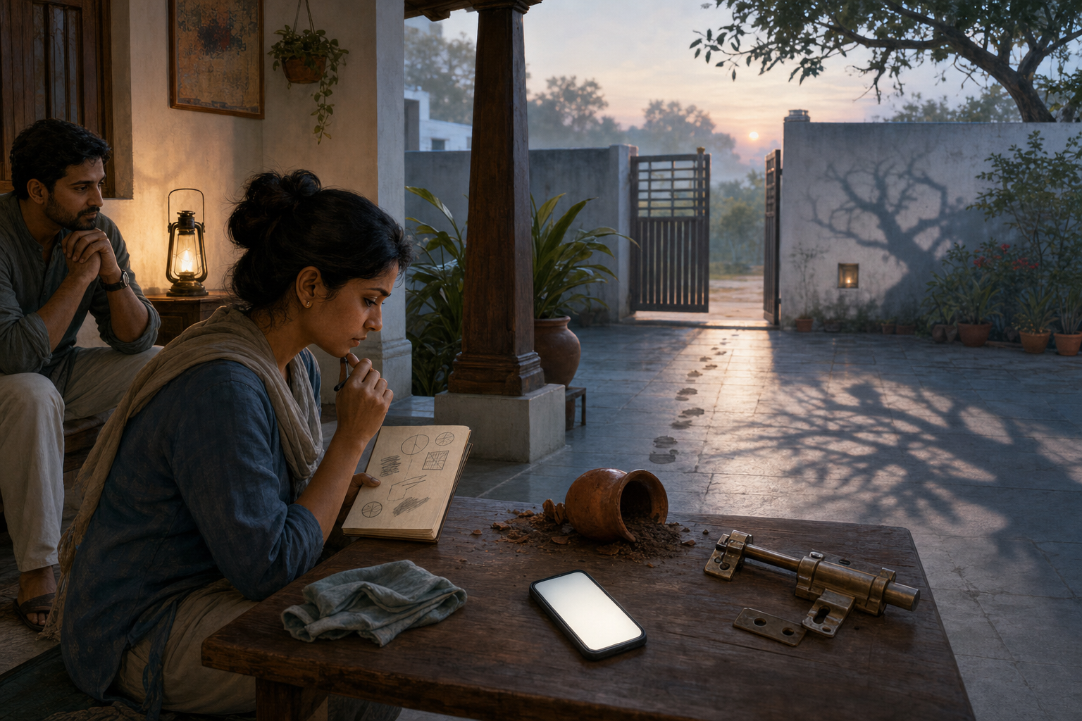 A person and a companion calmly examine a broken latch, a fallen pot, a phone, and footprints on a veranda at dawn.