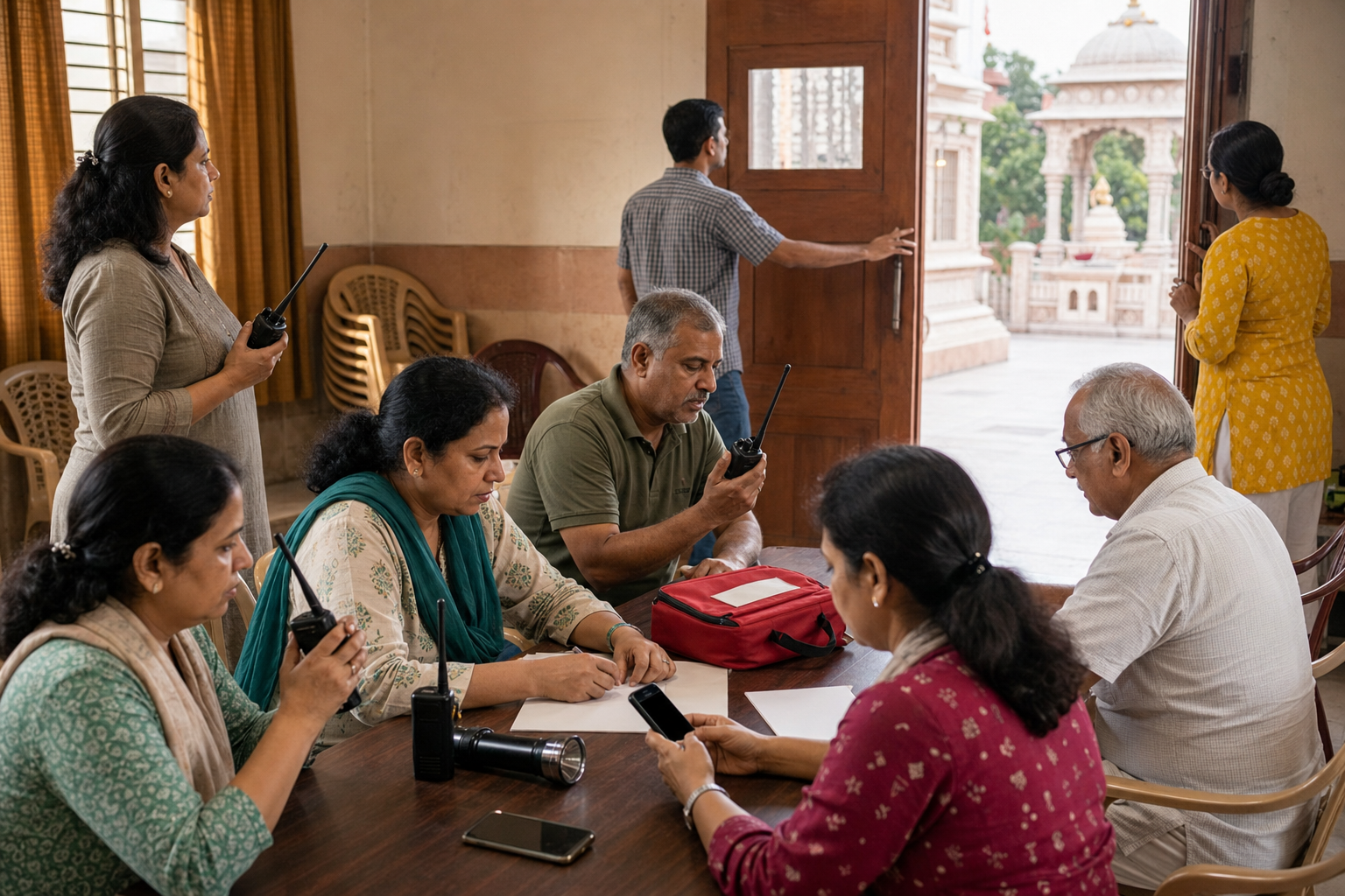 Temple committee members practice emergency roles with radios, a phone and first-aid supplies beside an unobstructed exit.