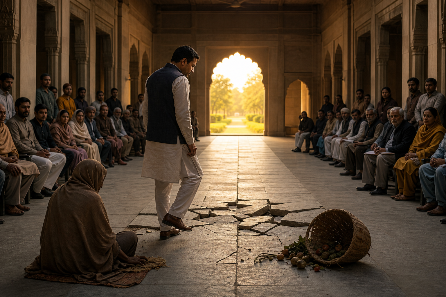 A public official pauses on a cracked stone path leading to a bright doorway while citizens observe and an overturned basket rests beside the damaged tiles.