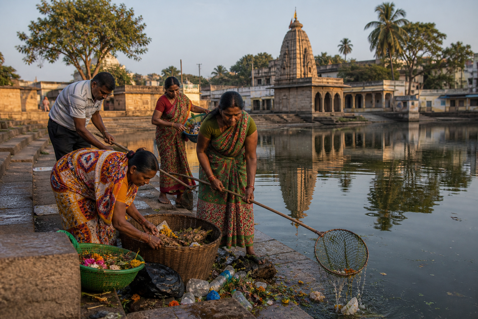 Community caretakers cleaning the water and stone steps at Bindusagar while historic shrines reflect in the lake behind them.
