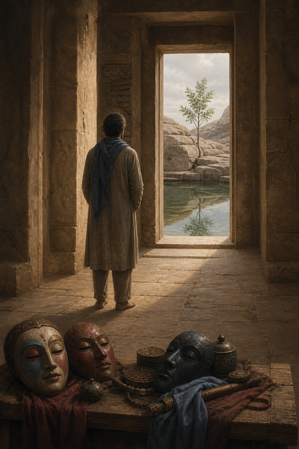 A seeker leaves several ornate masks and ceremonial objects on a bench and looks through a plain stone doorway toward a still pool and a young tree growing from rock.