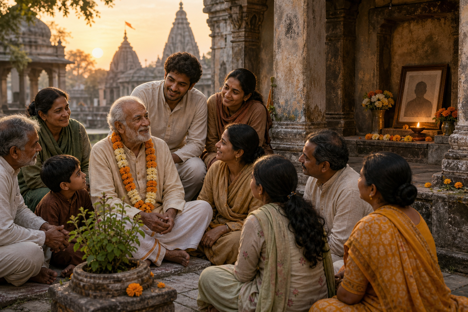 A multigenerational devotional community honors an elderly devotee in a temple courtyard beside a small memorial alcove with a portrait, flowers, and an oil lamp.
