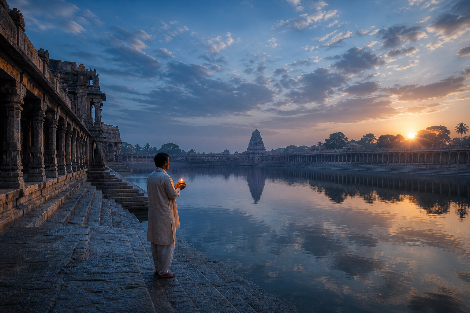 A person holding a small oil lamp stands upright beside a vast temple tank beneath an expansive dawn sky.