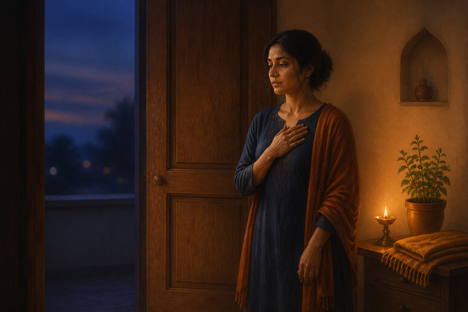A solitary adult stands beside a partially closed doorway in a warmly lit room, with one hand over their heart as cool evening light fills the space outside.