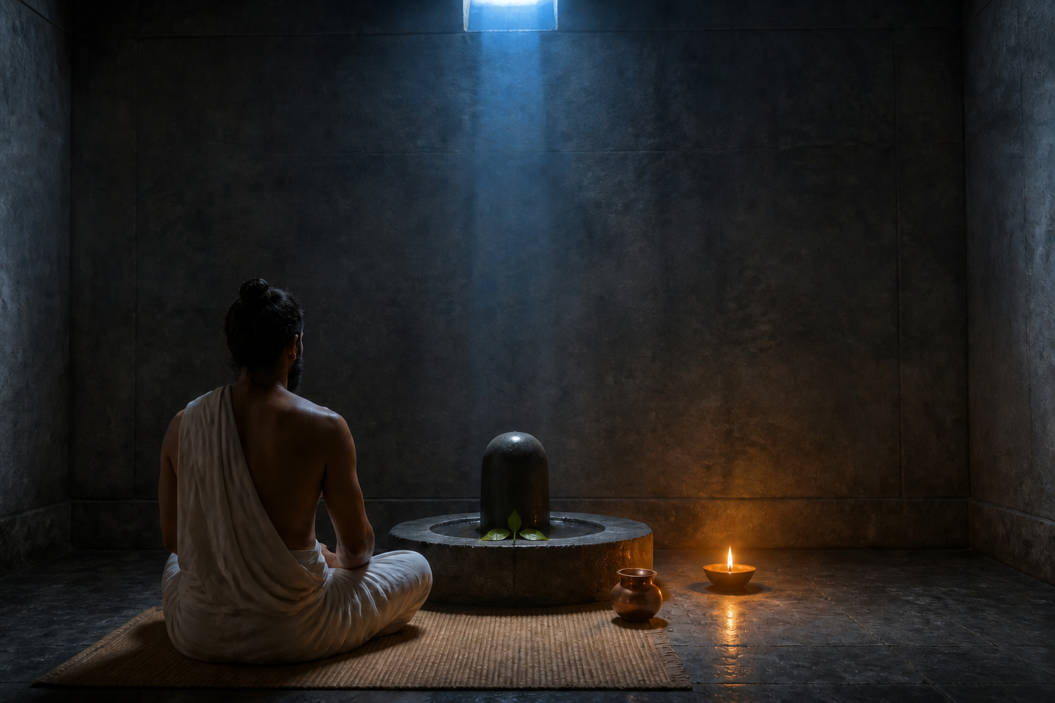 A practitioner meditates in a spare stone chamber before a small linga with bilva leaves, a copper water vessel, and one burning oil lamp.