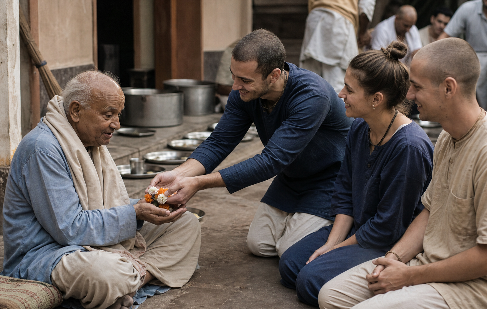 Younger volunteers thank an older devotee after a community meal, with serving pots, floor mats, and a broom nearby.