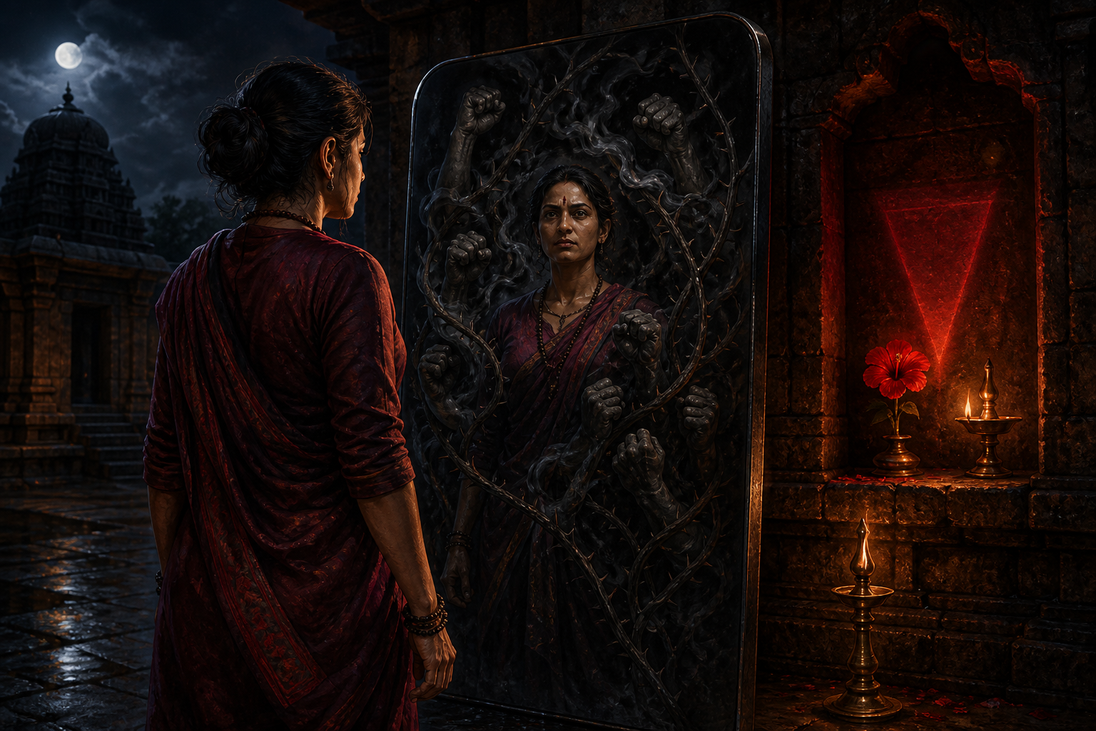 A person stands before a black stone mirror in a night courtyard, facing a reflection surrounded by thorny vines and smoke while a red hibiscus and brass lamp glow in a nearby shrine niche.