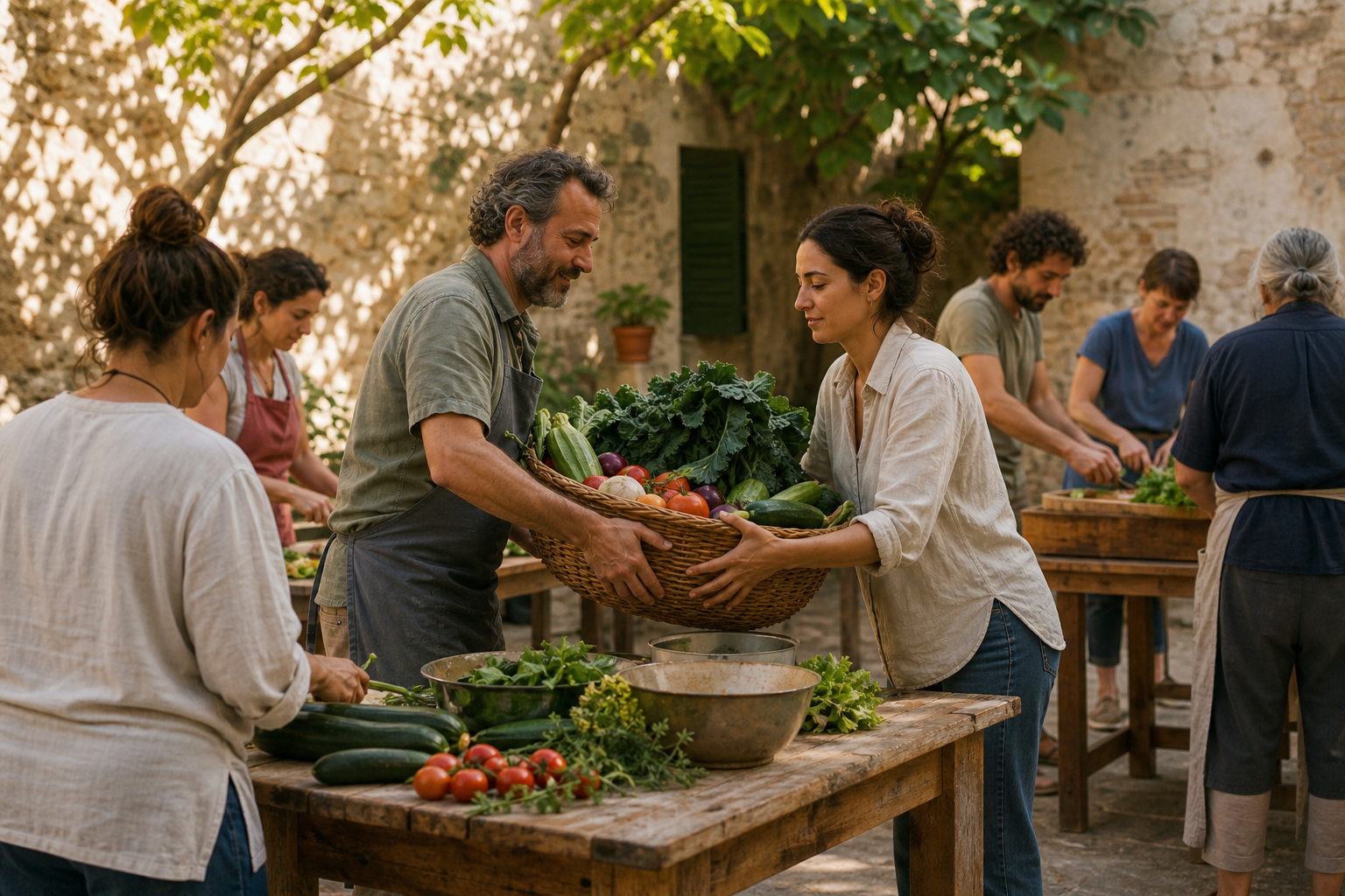 Two adults lift a basket of vegetables together while other volunteers prepare a communal meal in a courtyard.