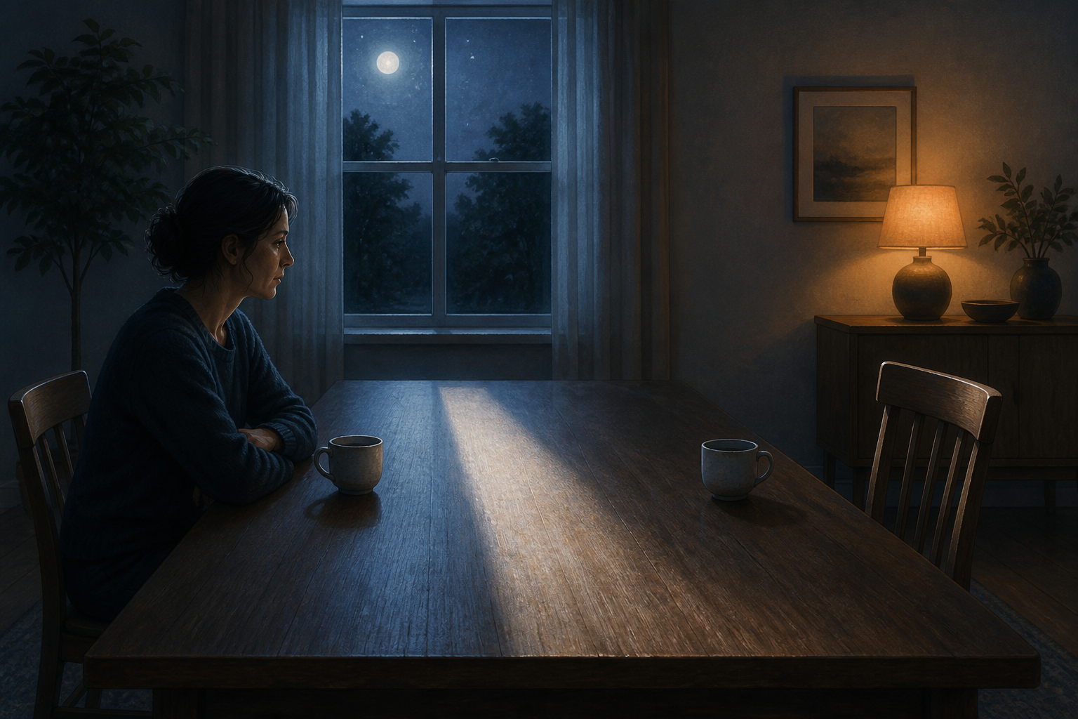 An adult sits at a wooden table across from an empty chair, with two ceramic cups separated by a band of moonlight.