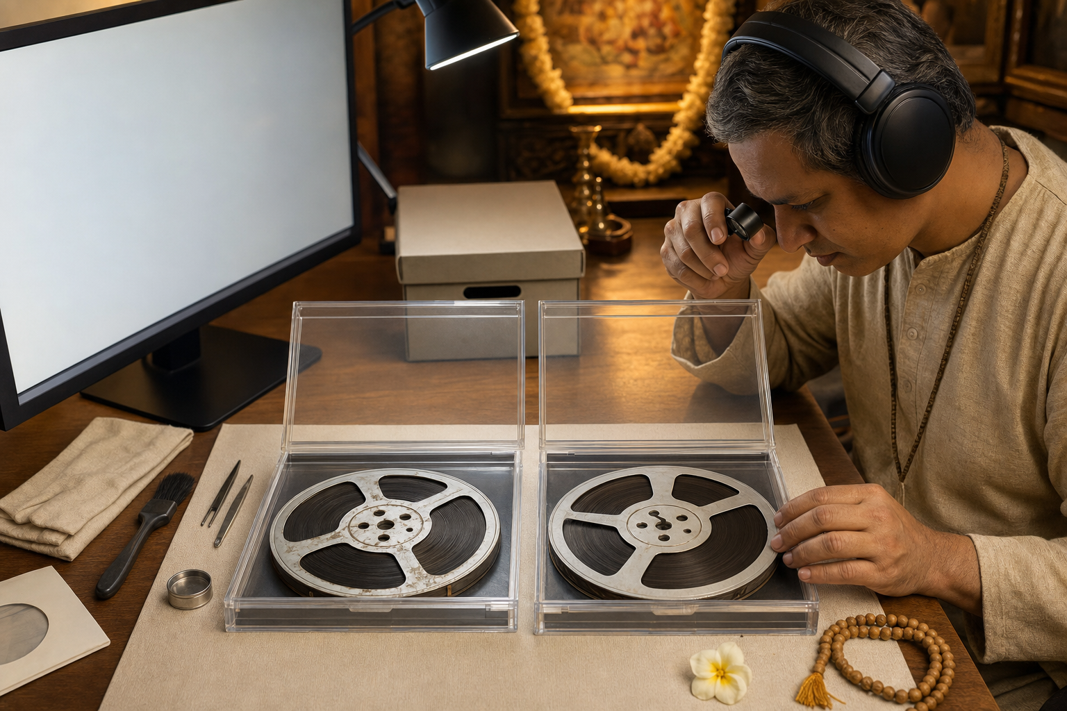 Two archival tape reels, headphones, a magnifying loupe, wooden prayer beads, and a flower are arranged on a preservation worktable.
