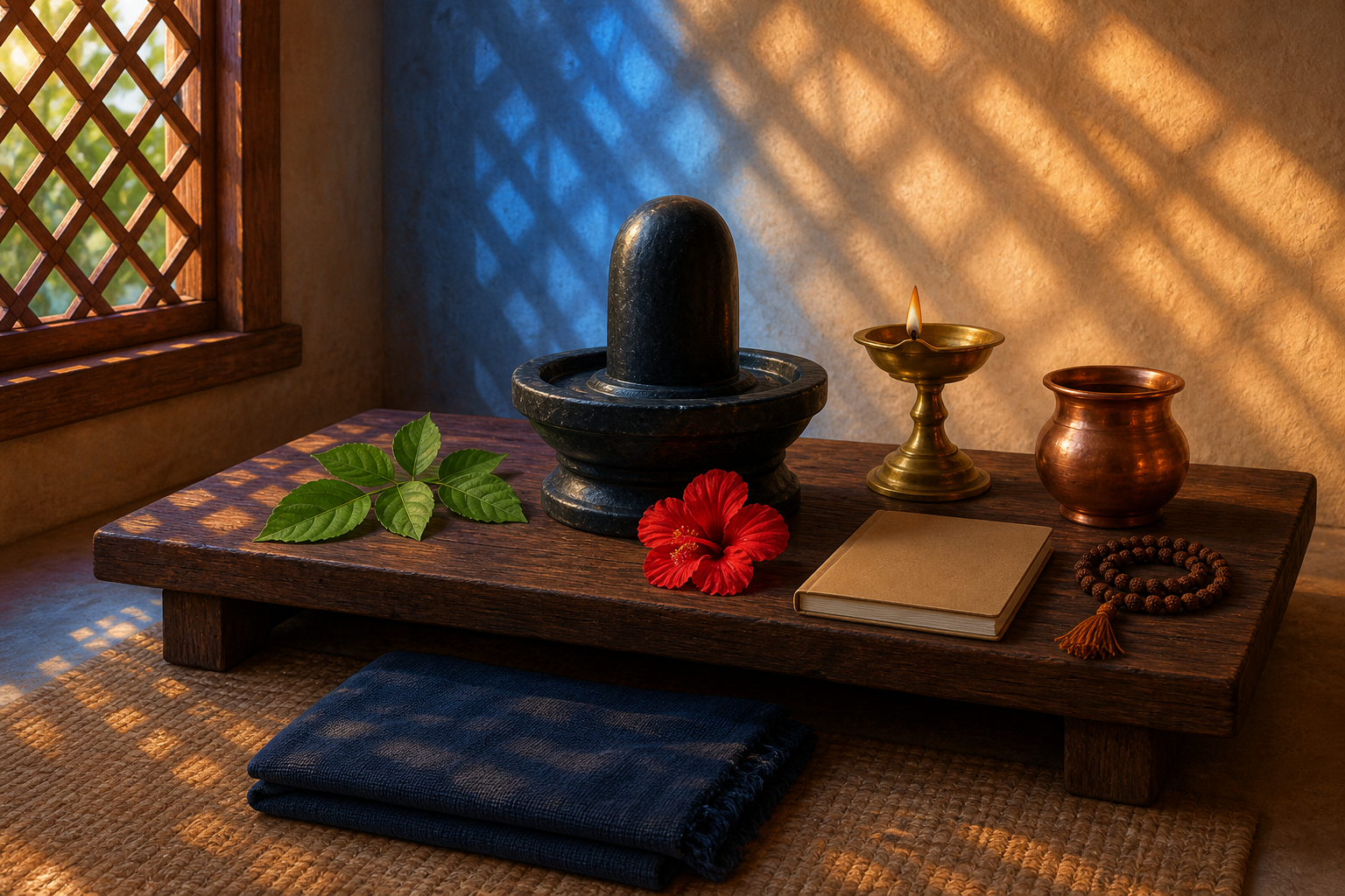 A simple home altar holds a dark stone linga, bilva leaves, a red hibiscus, an oil lamp, a copper cup, prayer beads, and a closed blank notebook in morning light.
