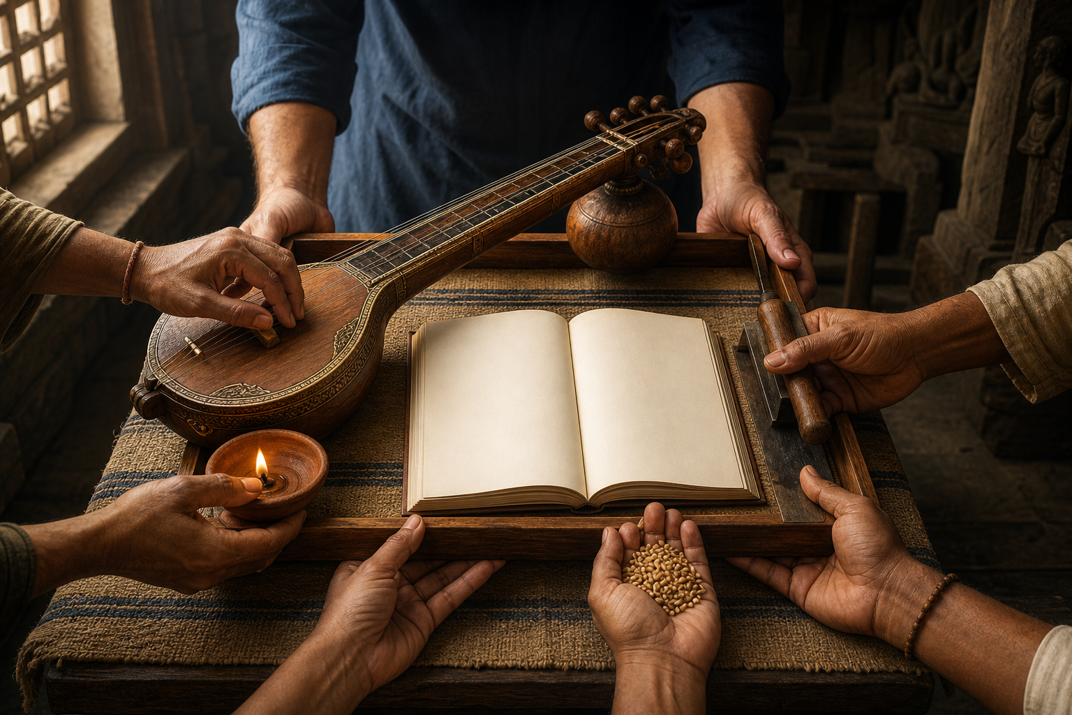 Several hands share a tray containing a stringed instrument, a hand tool, seeds, a clay lamp, and a blank ledger.