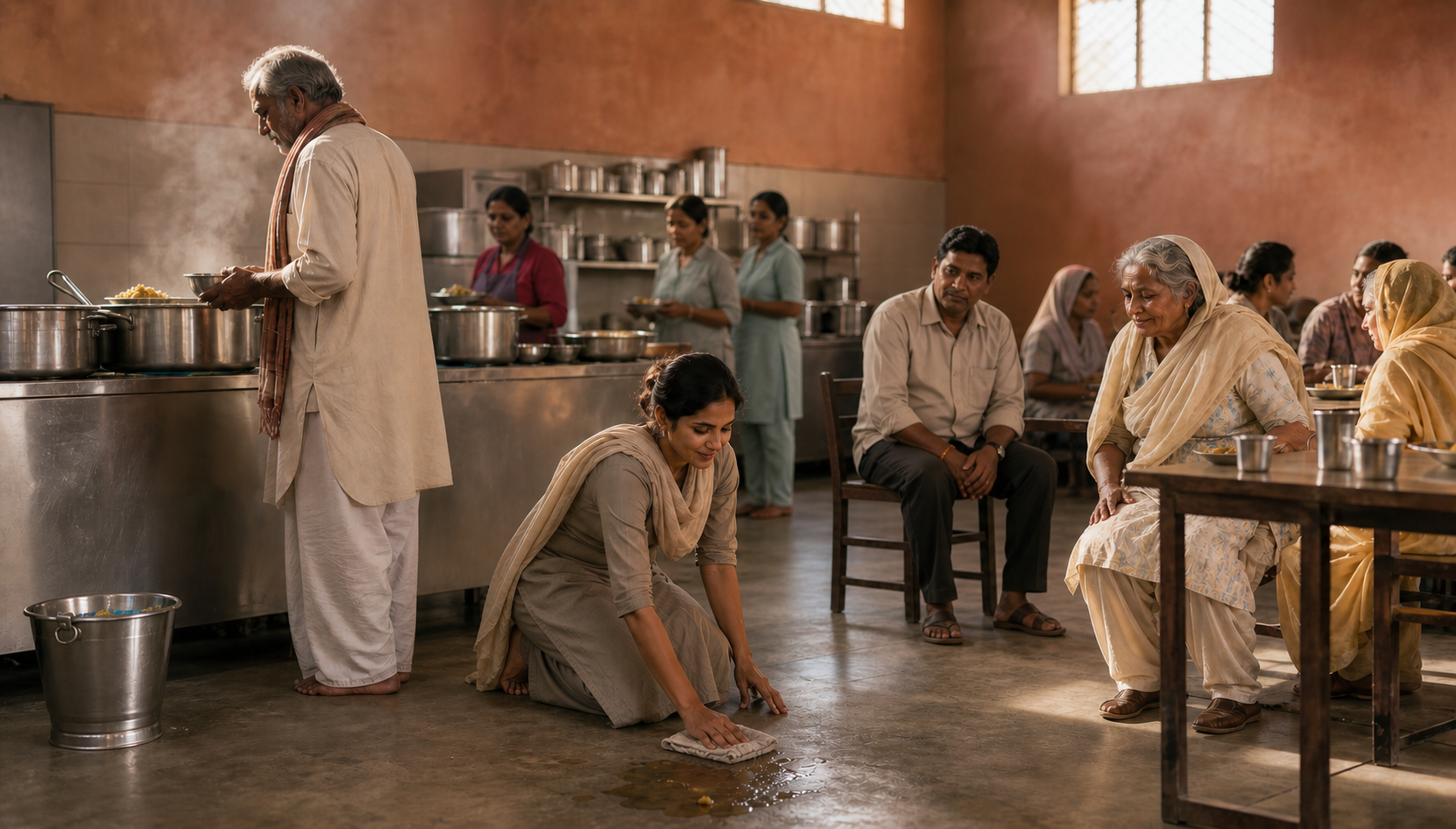 A volunteer serves food, cleans a spill, and helps an elderly guest find a seat in a devotional community kitchen.