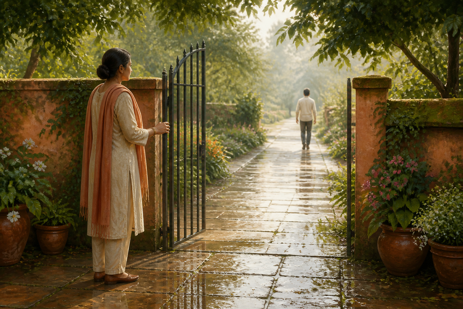 An adult calmly holds a garden gate while another person stands freely on the path beyond it, with plants growing on both sides.