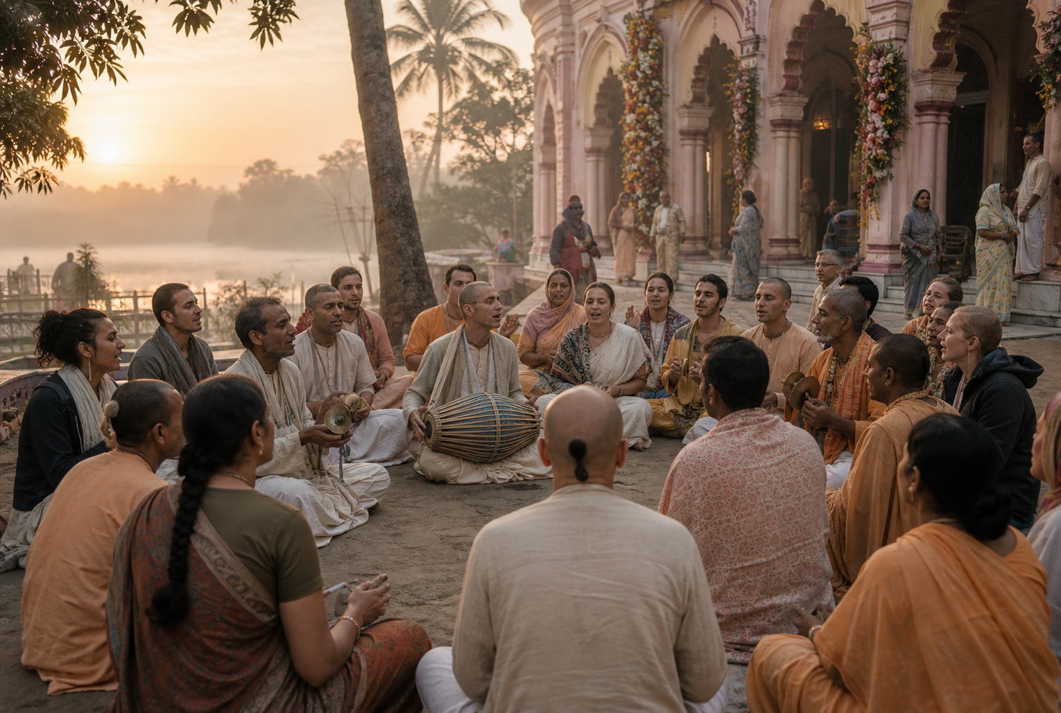 Devotees sing kirtan with a drum and hand cymbals in a Mayapur temple courtyard at sunrise.