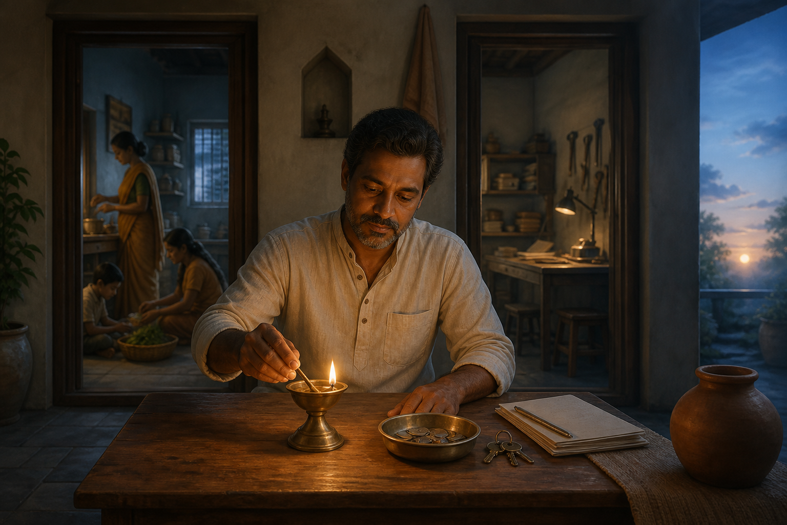 An Indian householder lights a brass oil lamp at a desk beside coins and household keys as family members begin their day in the background.