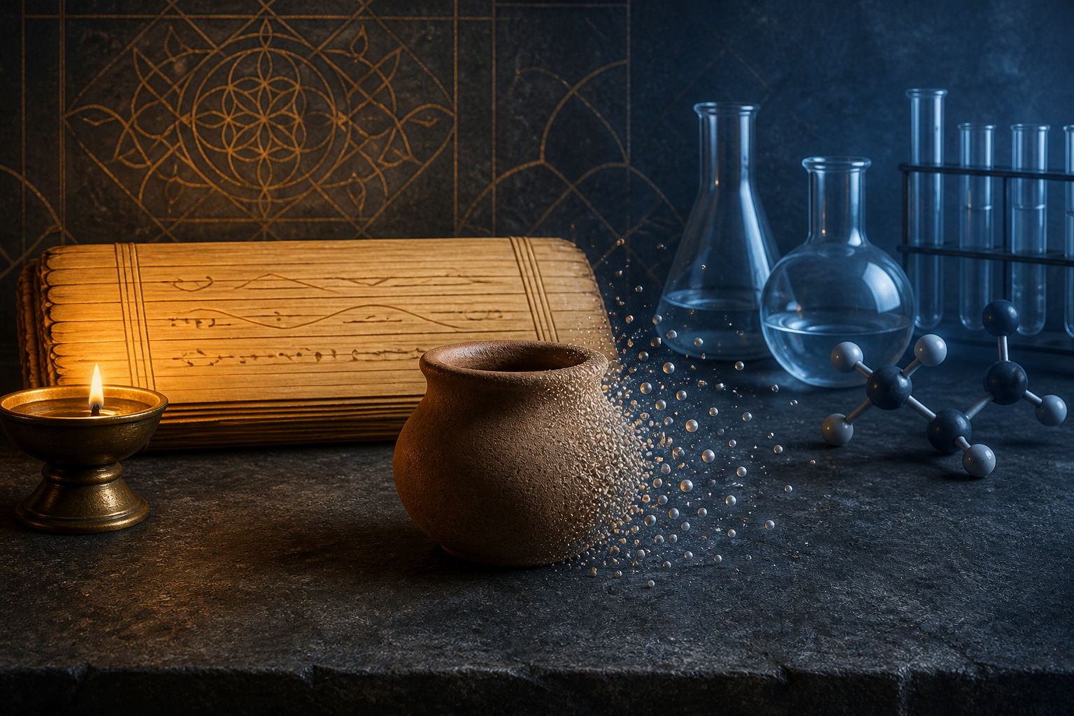 A clay vessel dissolves into tiny luminous particles between a palm-leaf manuscript and modern laboratory objects under contrasting warm and cool light.