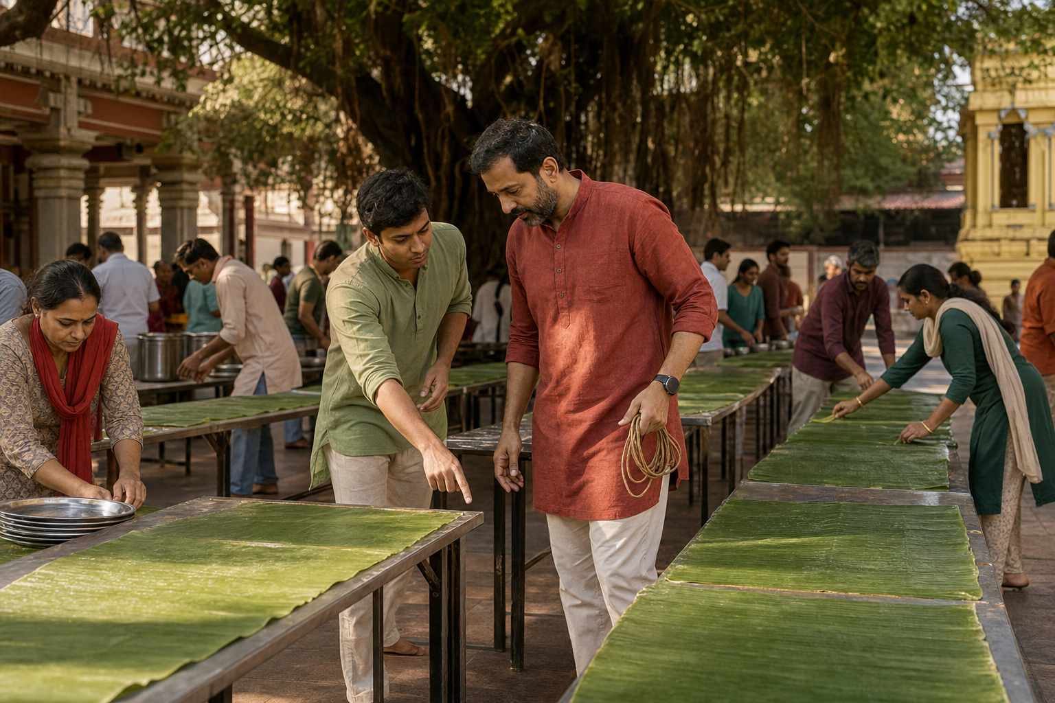 A community meal organizer listens as a younger volunteer suggests changing the arrangement of serving tables in a temple courtyard.