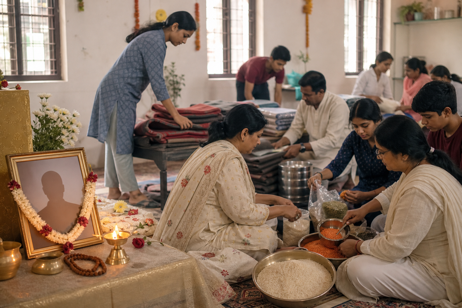 A memorial table with a portrait, flowers, prayer beads, and an oil lamp stands beside volunteers preparing food and blankets for distribution.