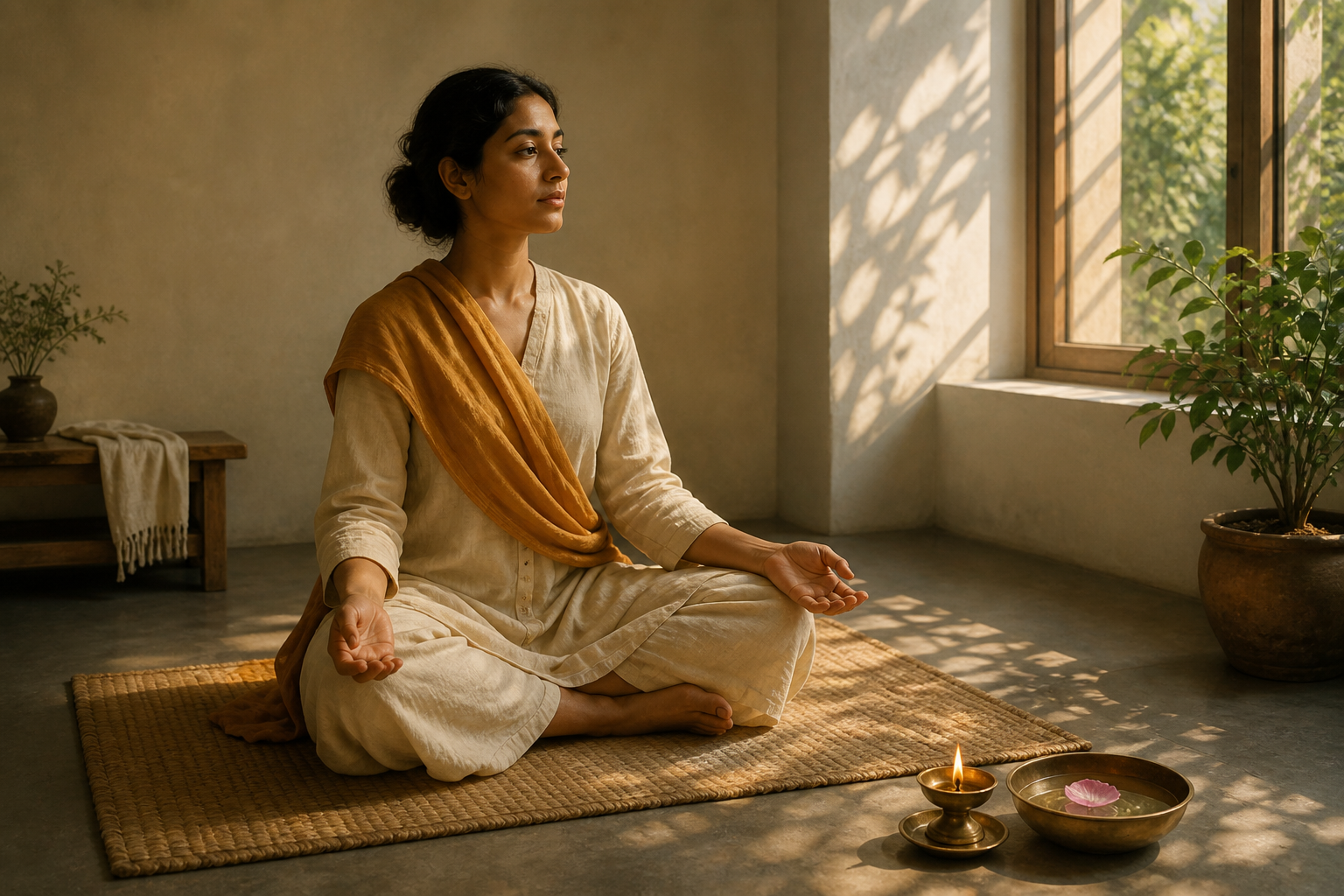 A person meditates on a woven mat at dawn beside a glowing brass oil lamp and a bowl of water with a lotus petal.