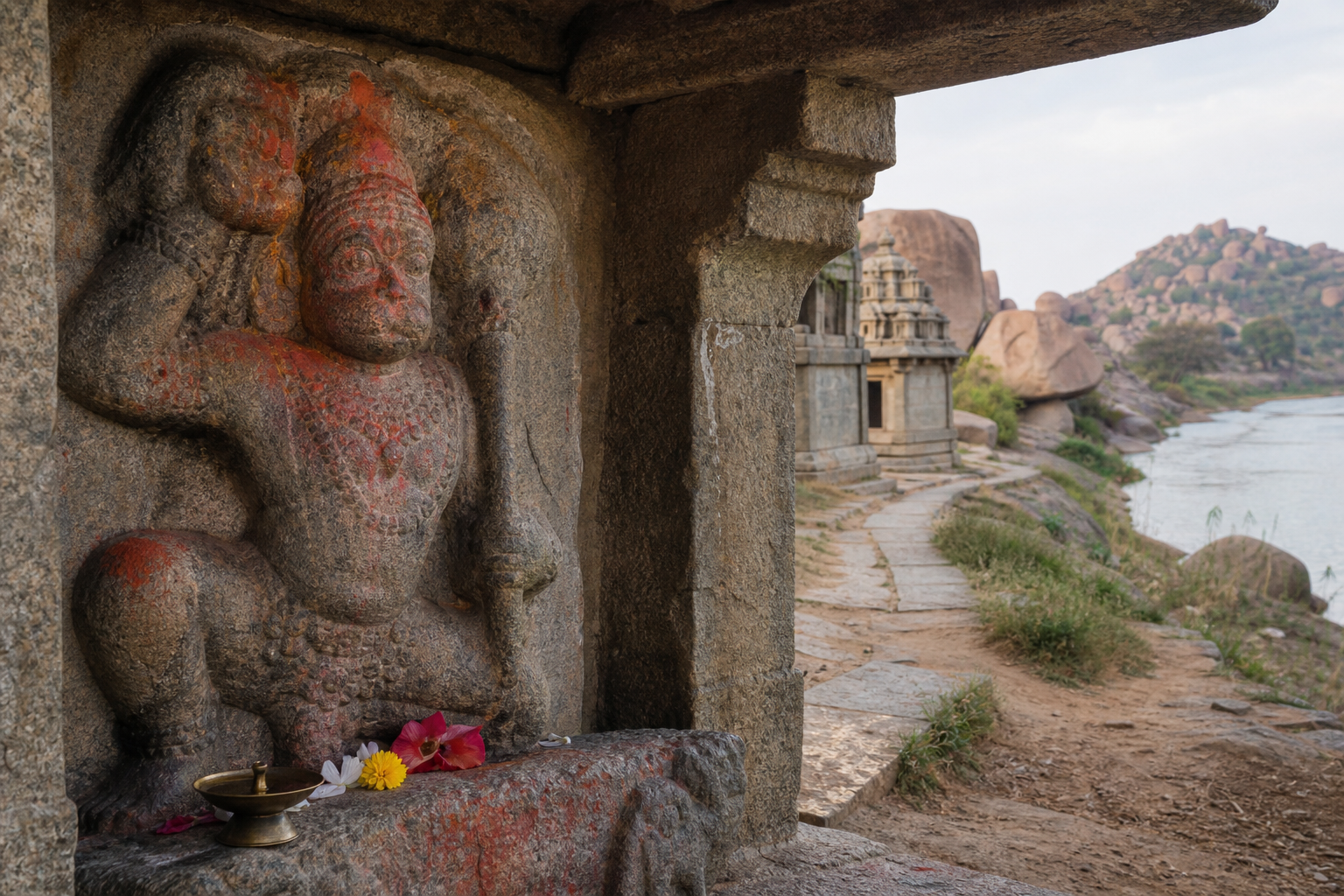 A weathered Hanuman carving with flowers in a small granite shrine beside a path leading toward other riverbank shrines.