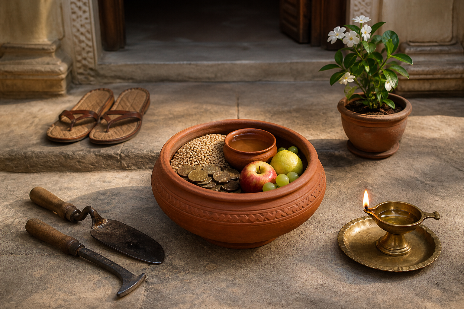 A clay vessel containing grain, coins, fruit, and water sits among family sandals, work tools, a flowering plant, and a lit oil lamp.