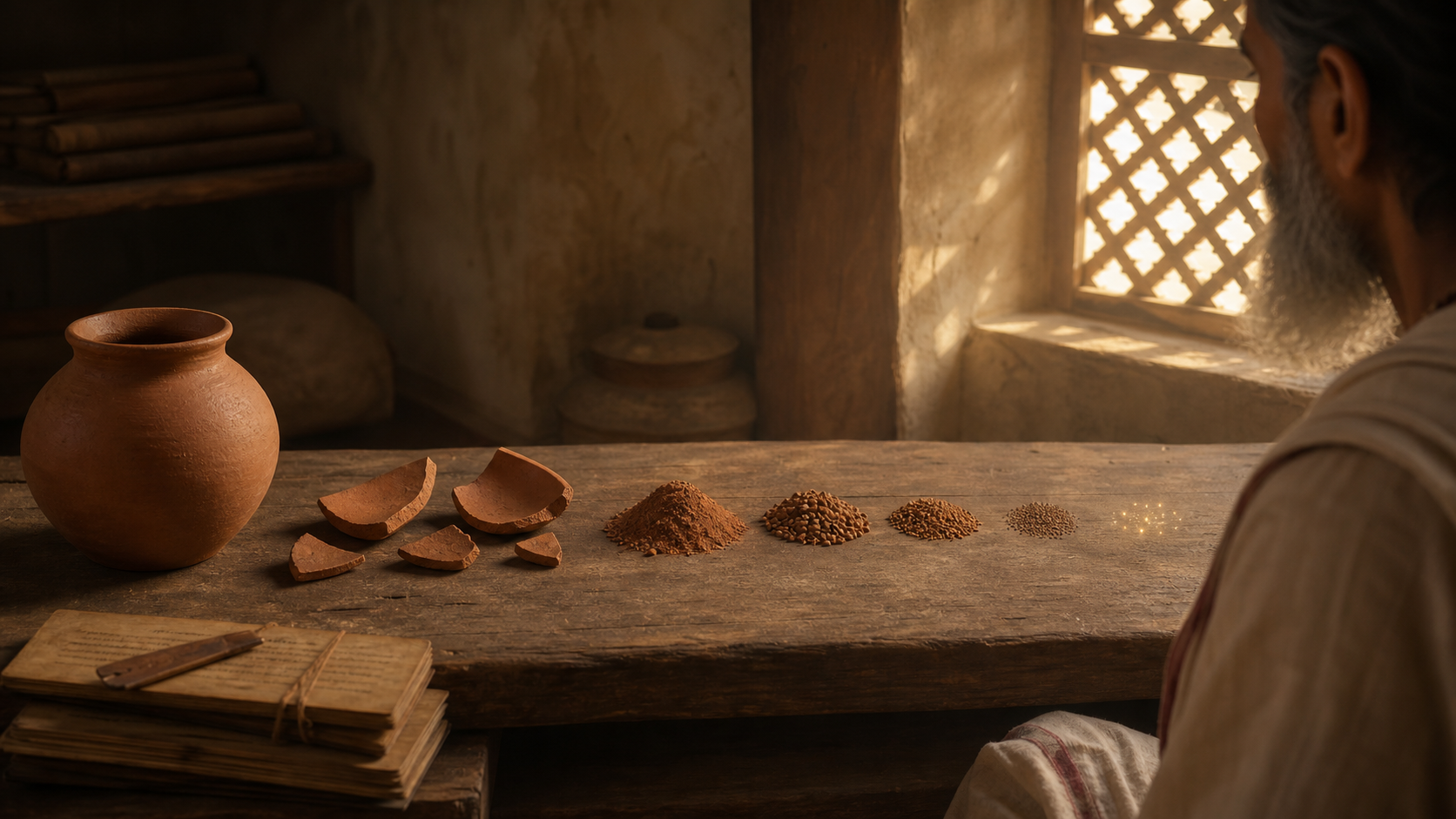 A scholar observes a sequence from an intact clay pot through shards and fine granules to a cluster of tiny glowing points.