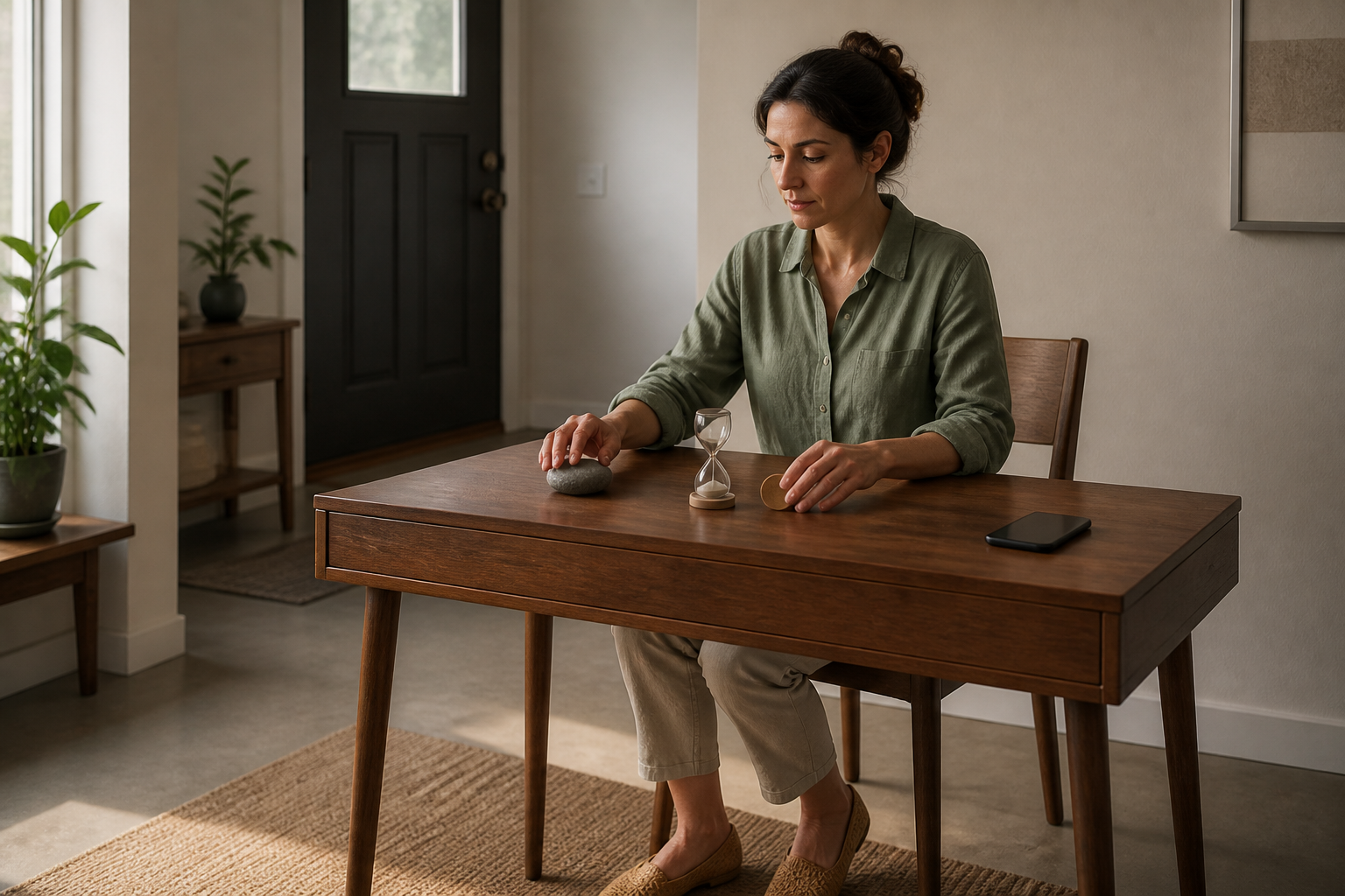An adult sits near a closed door with a face-down phone, a smooth stone, a small hourglass, and a wooden token arranged on the desk.