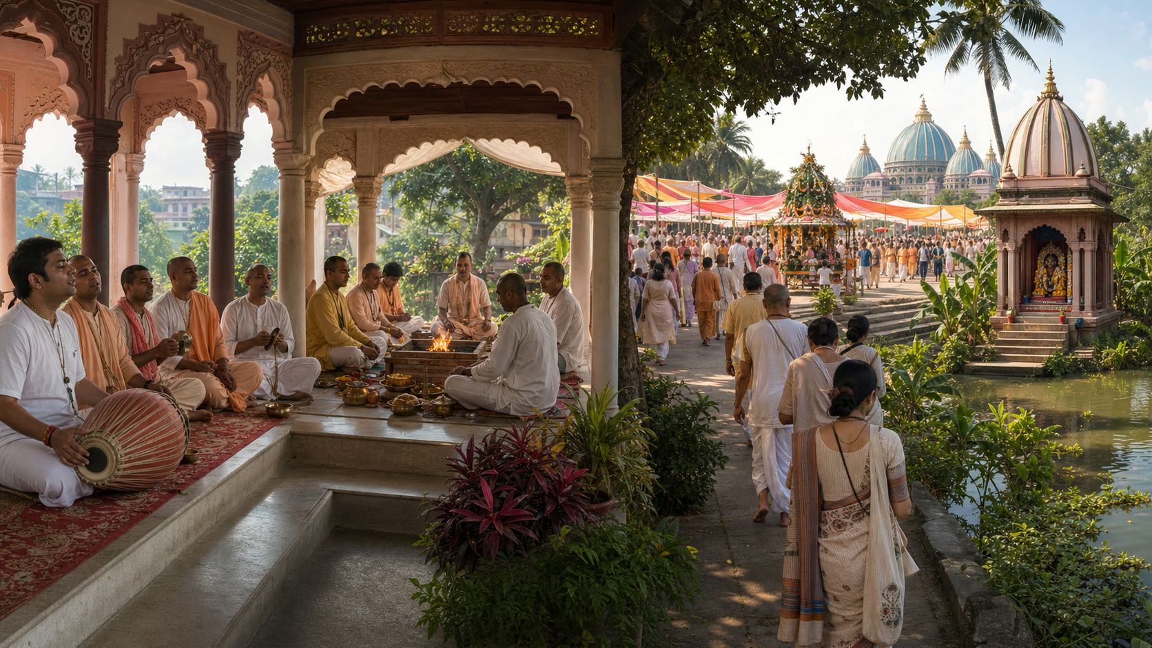 A panoramic Mayapur scene shows kirtan, a fire ceremony, pilgrims walking with prayer beads, and a flower-decorated festival procession.