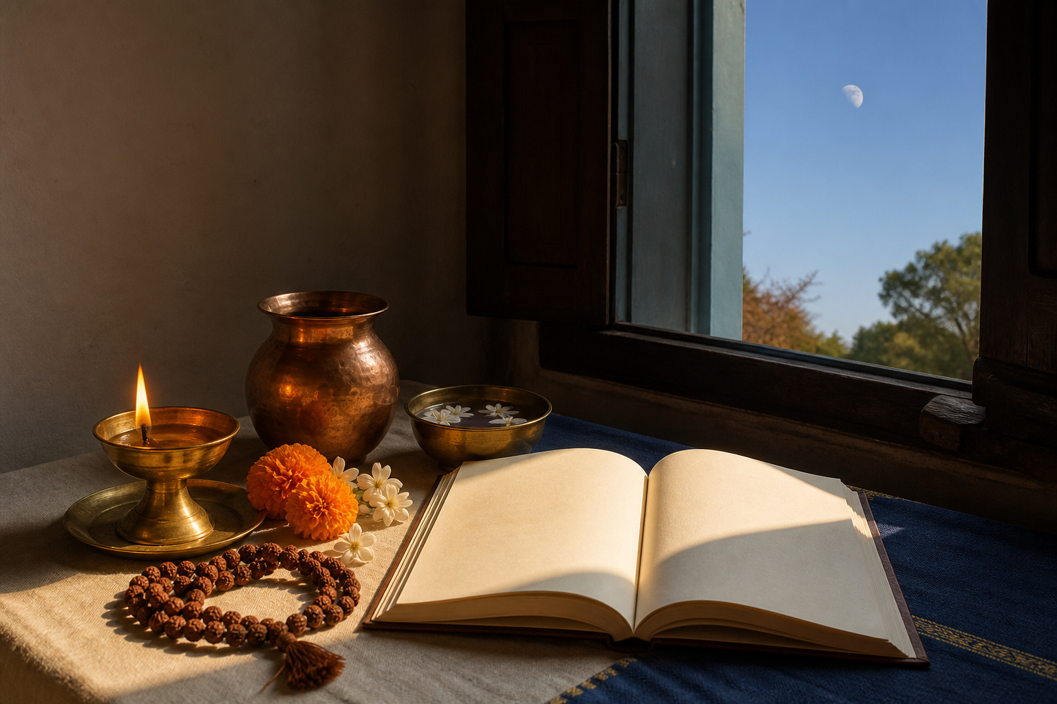 A brass oil lamp, copper vessel, prayer beads, flowers, and an open scripture sit in afternoon sunlight at a home puja space.
