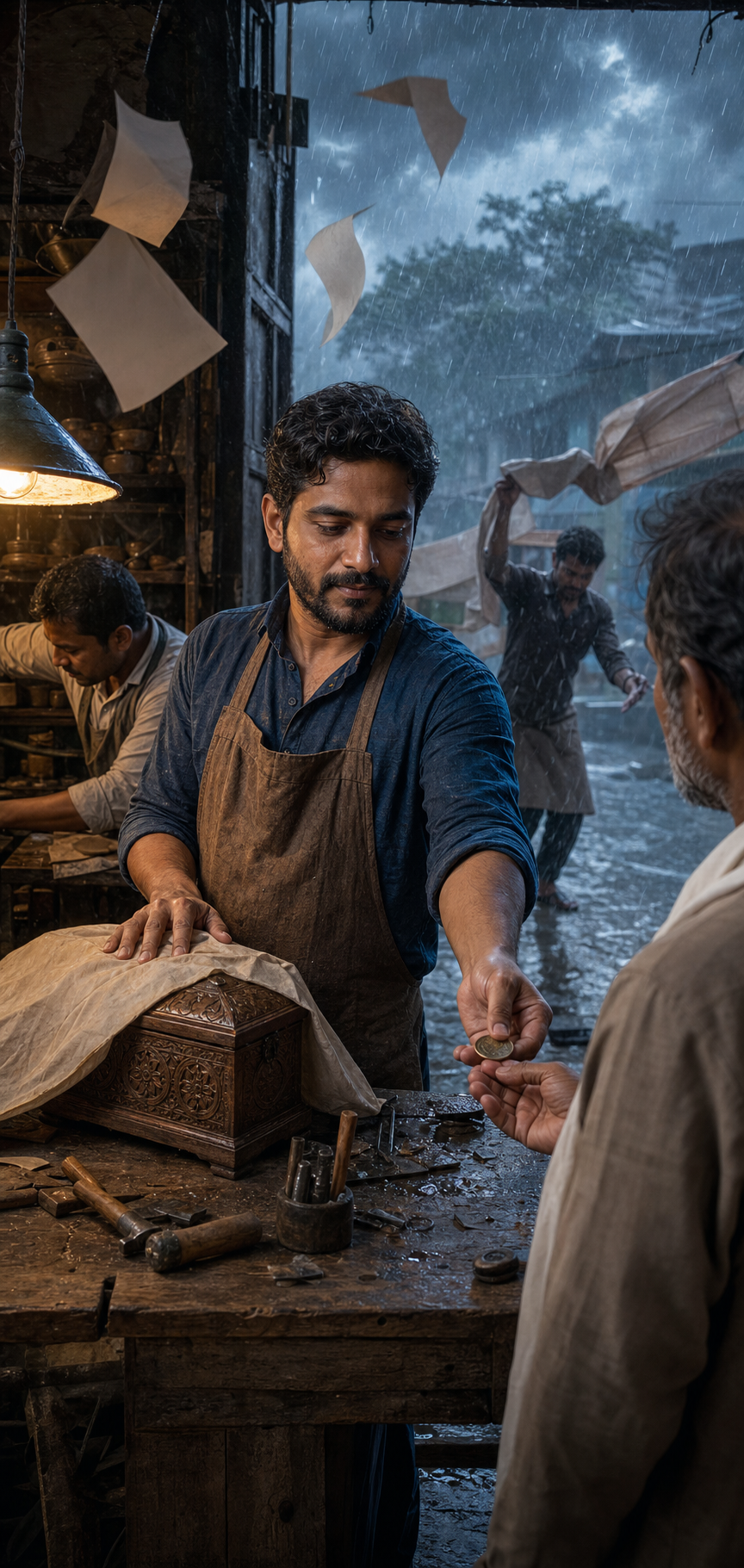 A craftsperson returns an extra coin to a customer while coworkers and loose papers are disrupted by a monsoon blowing into the workshop.
