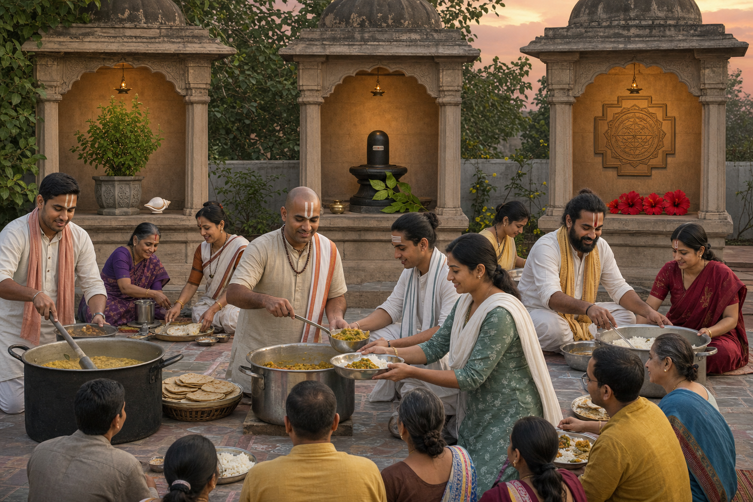 Practitioners from distinct bhakti traditions prepare a community meal together in a courtyard with separate devotional alcoves and offerings.