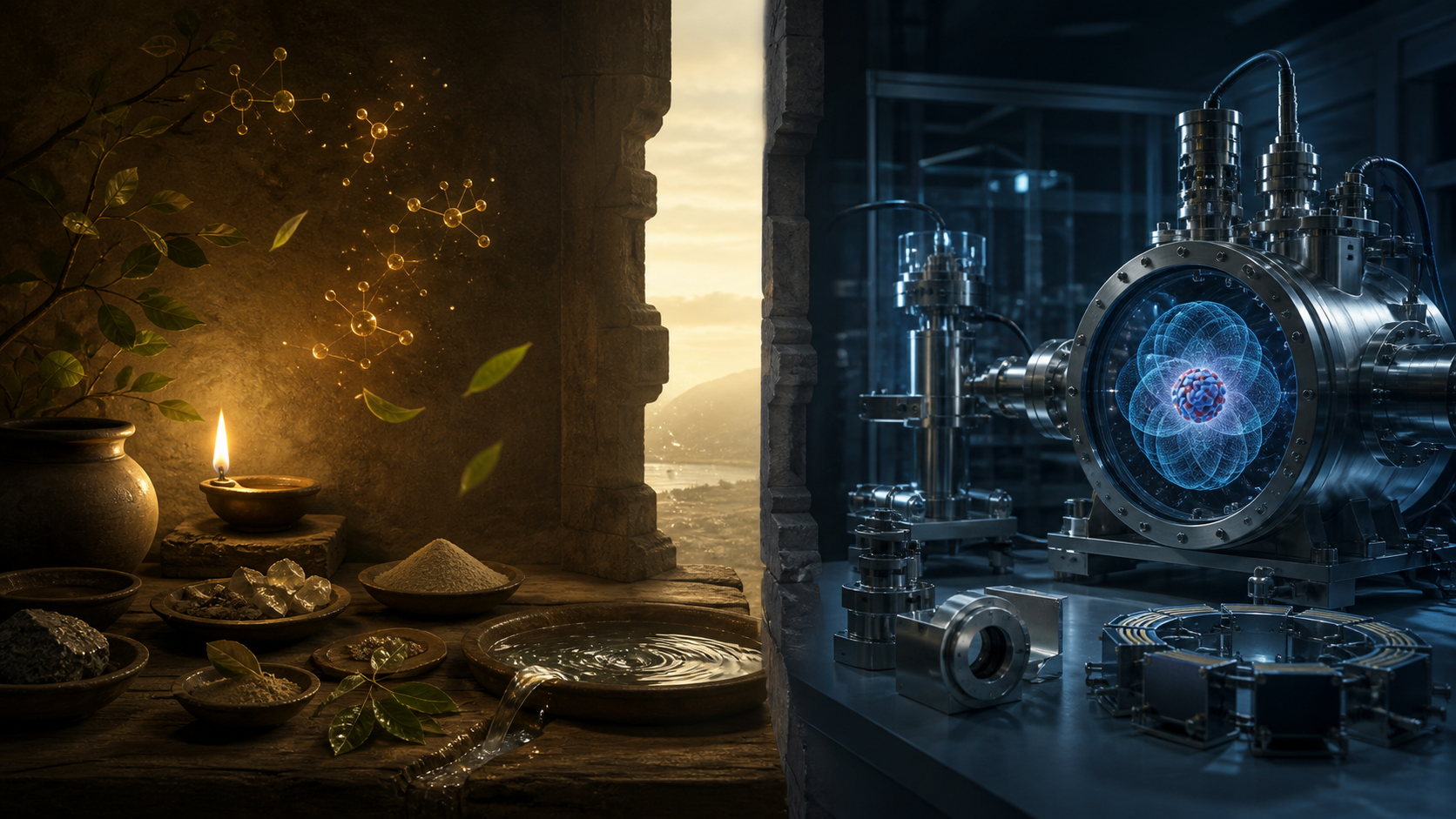 A warm classical study with elemental materials and particle clusters is set beside a cool modern laboratory, separated by a narrow gap and linked by light.